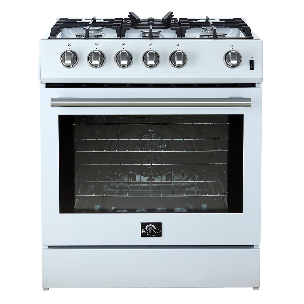 White 30-inch gas range with six knobs, black cooktop grates, and glass oven door