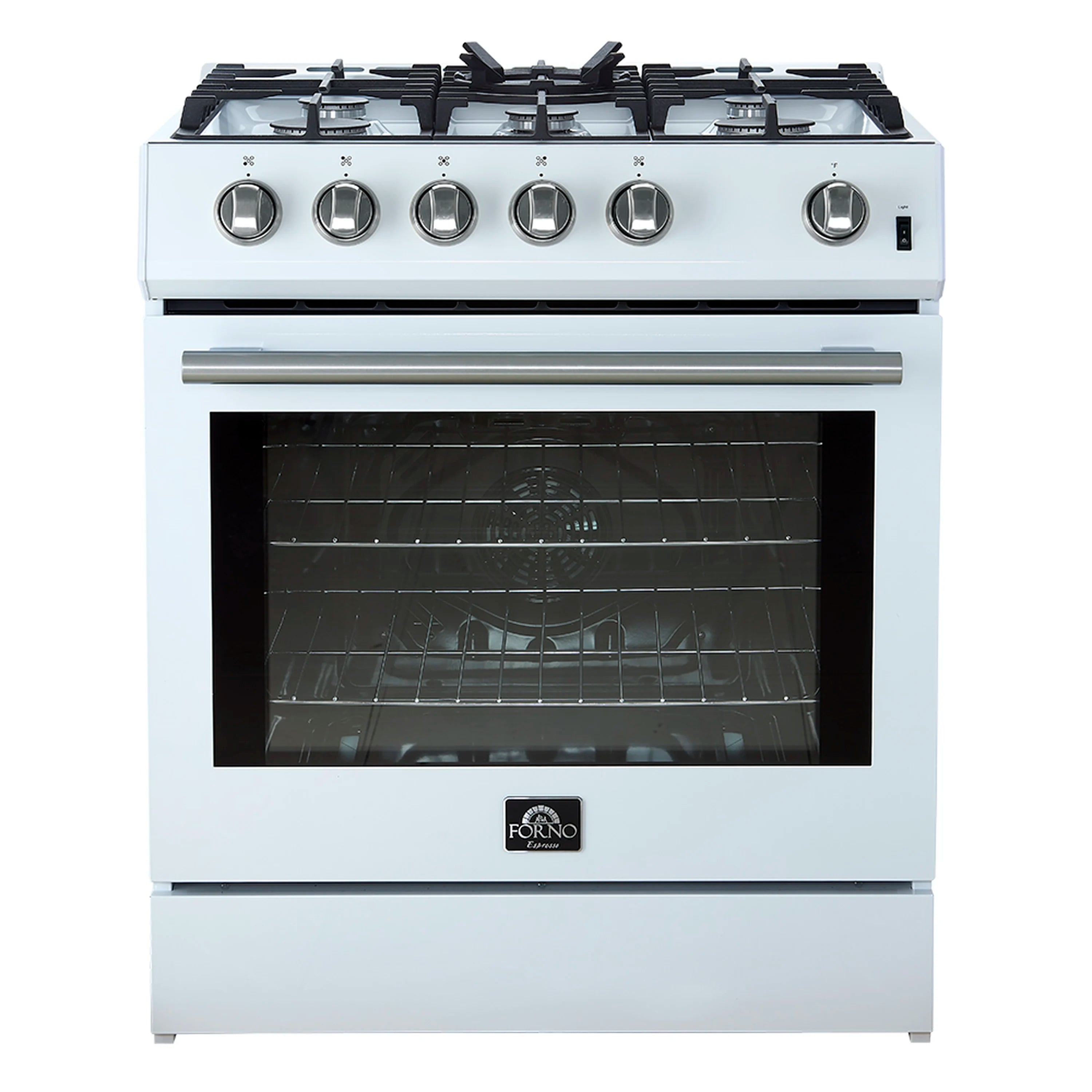 White 30-inch gas range front view with six knobs and black glass oven door