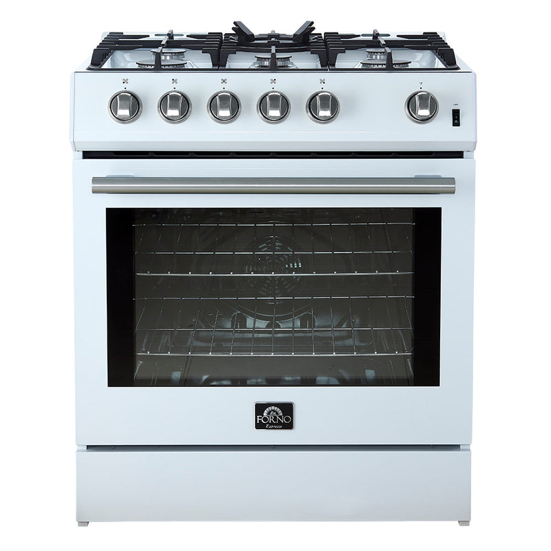 Forno 3-Piece Appliance Package - 30-Inch Gas Range, Refrigerator with Water Dispenser, and Dishwasher in White with Stainless Steel Trim