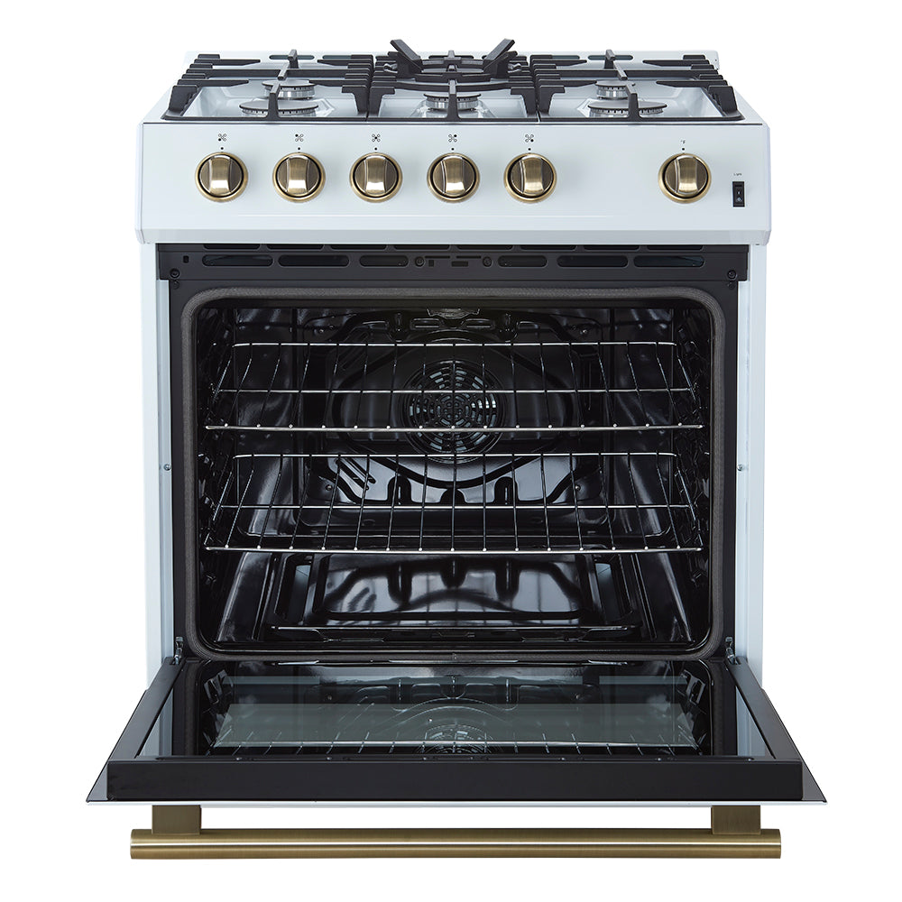 30-inch gas range with oven door open showing racks and white interior frame