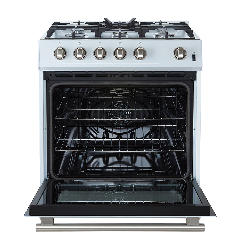 White gas range with open oven door showing racks and dark oven interior