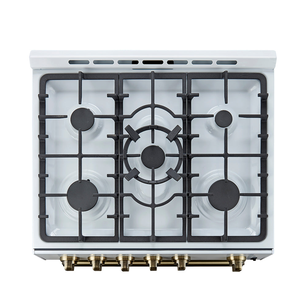 White gas cooktop with four burners and black grates, featuring brass control panel