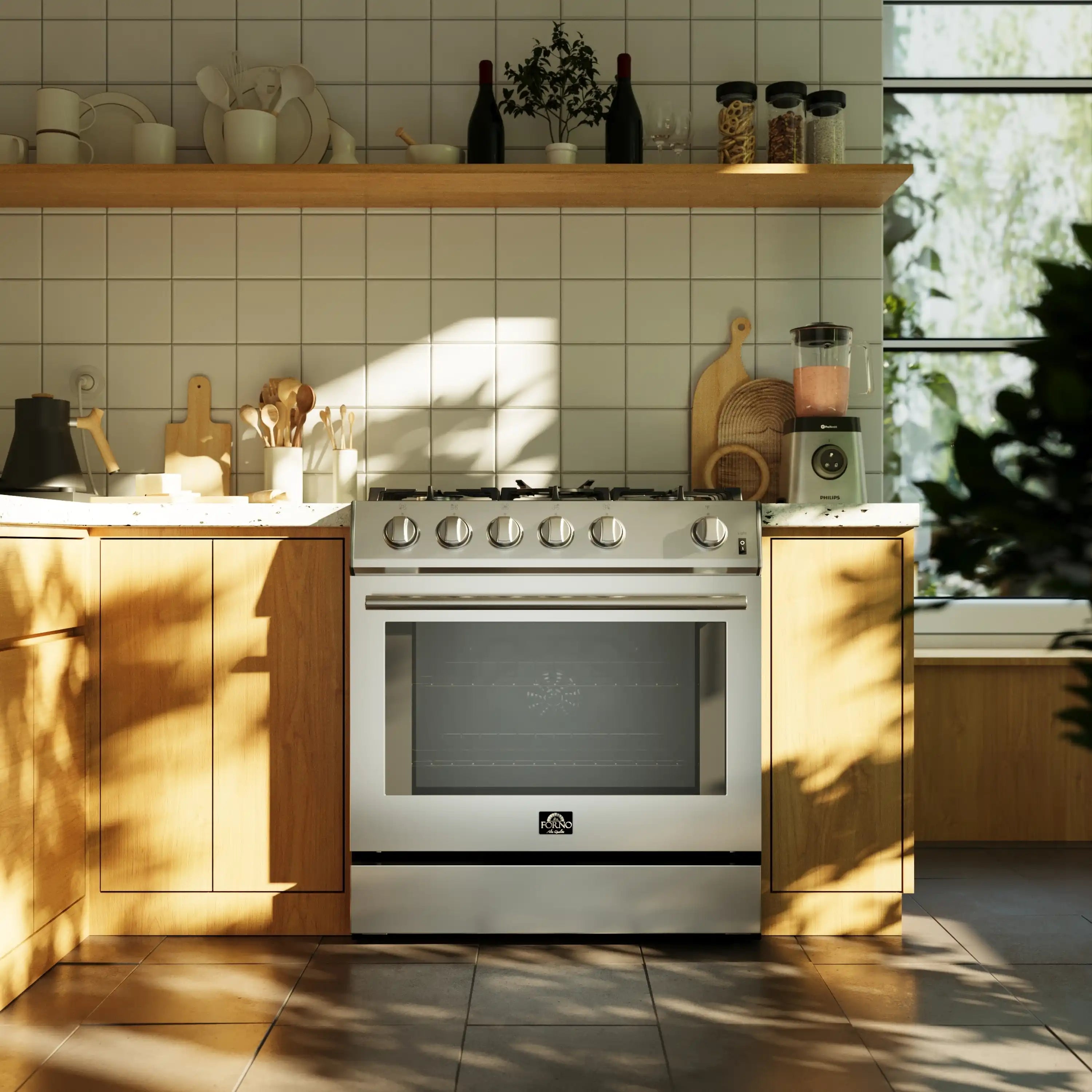 Stainless steel gas range installed in kitchen, oven door open, cooktop controls visible