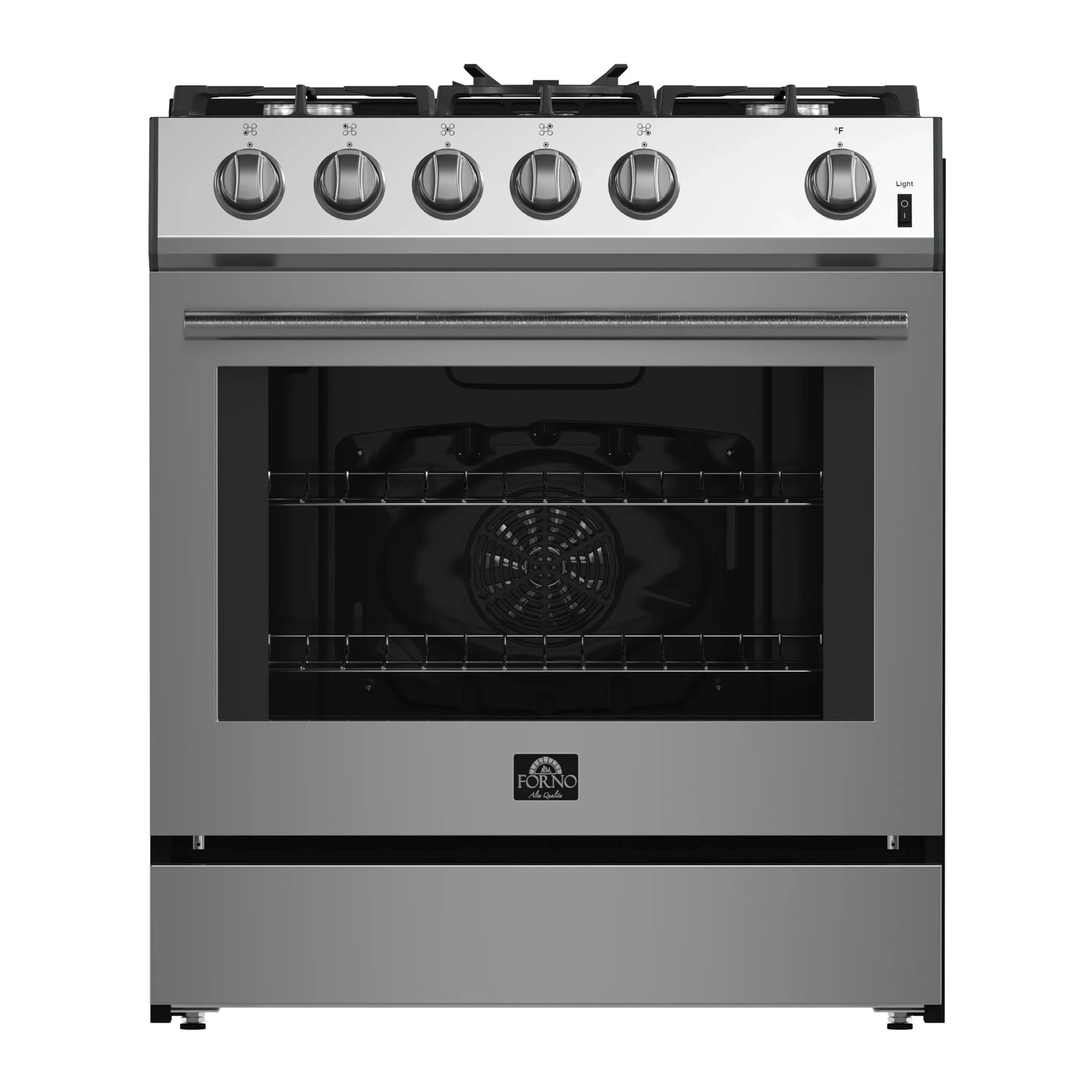 Stainless steel gas range front view with oven door window and six burner knobs