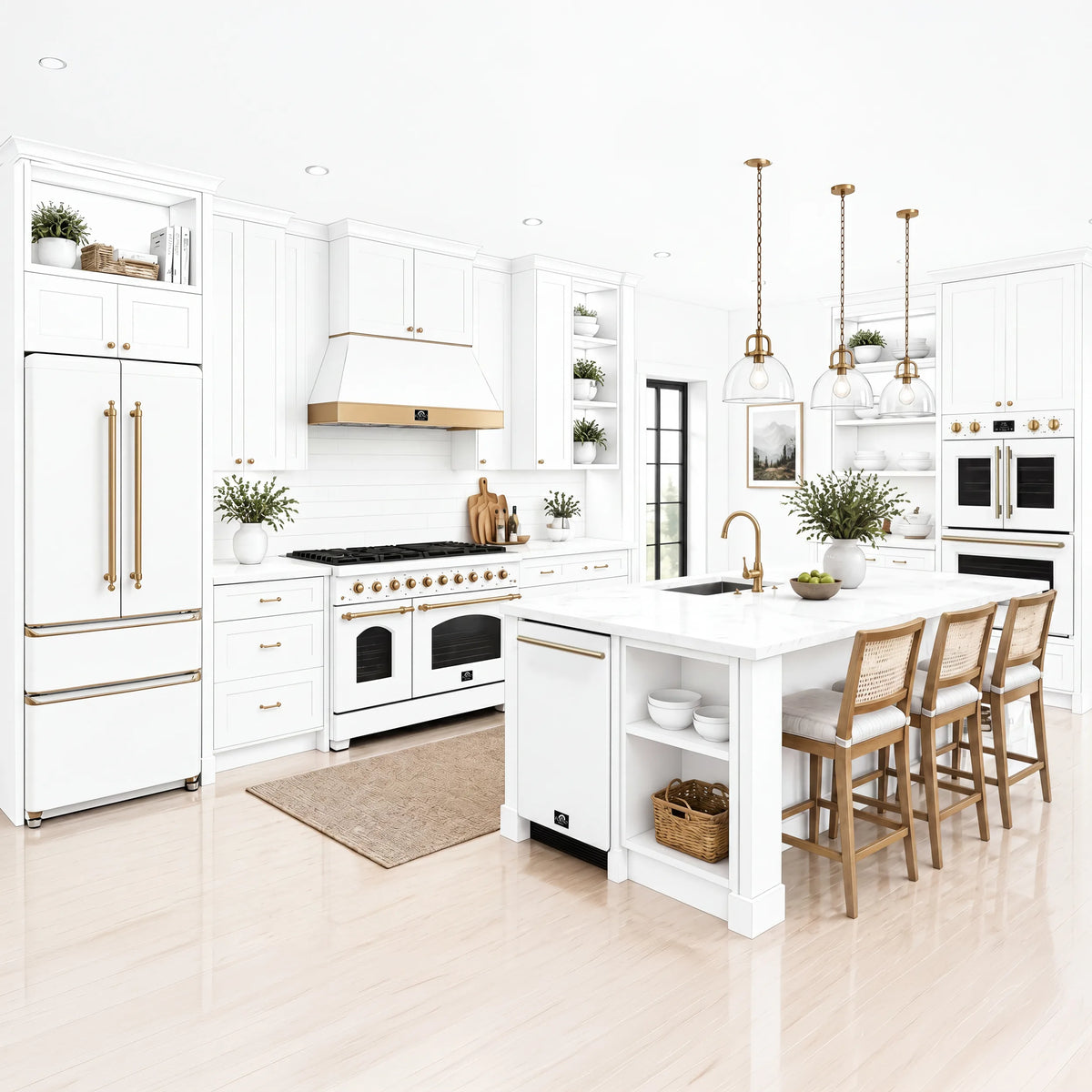 Forno Antico 48-inch Dual Fuel Range with 8 Gas Burner Cooktop and 5.5 Cu.Ft. Electric Convection Oven in White with Antique Brass Trim shown in a styled kitchen