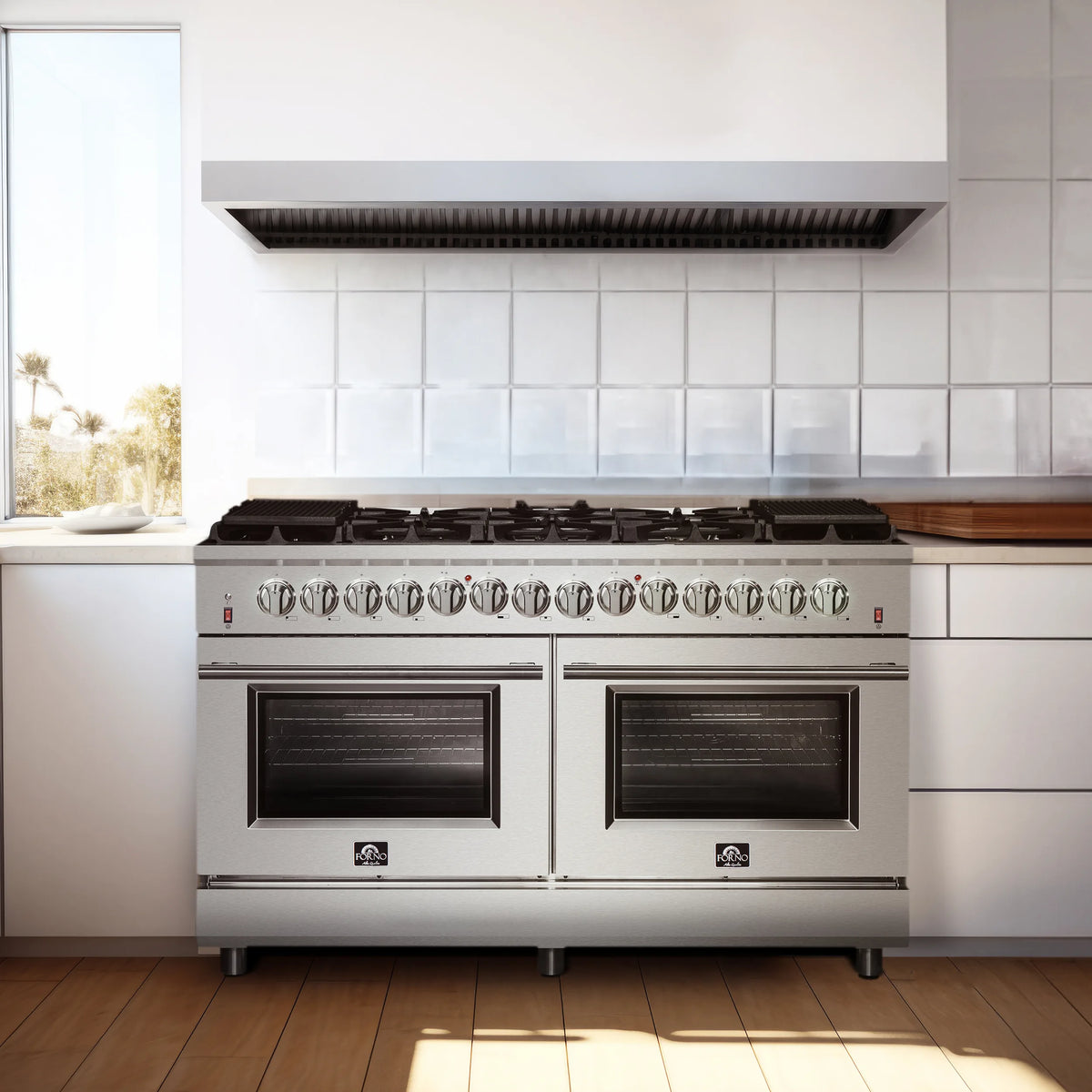 Forno Massimo 60-Inch 8.64 Cu. Ft. Freestanding Dual Fuel Range with 10 Burners in Stainless Steel shown in a styled kitchen