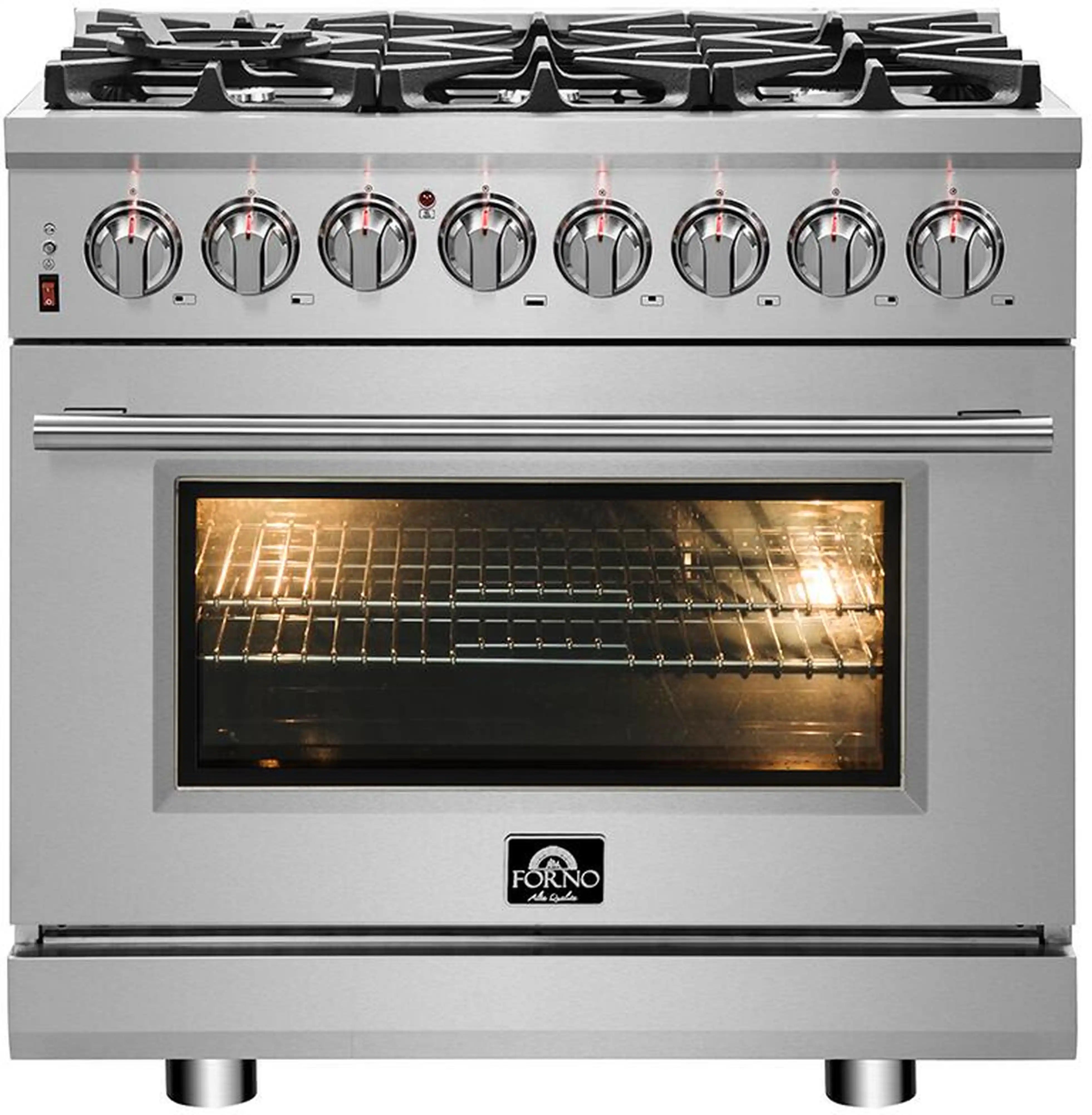 Stainless dual fuel range front view with eight burners and oven window