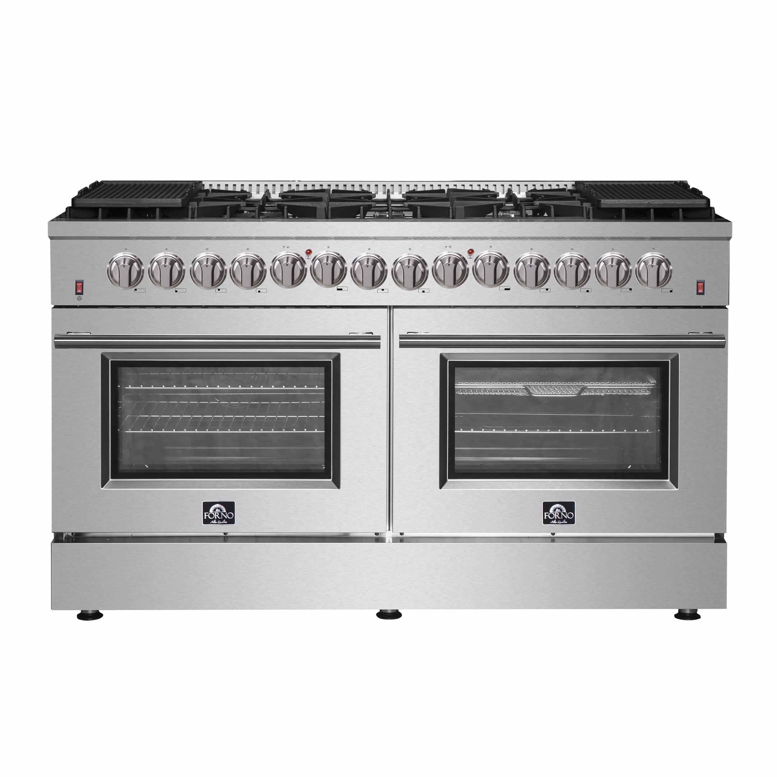 Stainless steel dual fuel range with four knobs and two oven doors, black glass windows