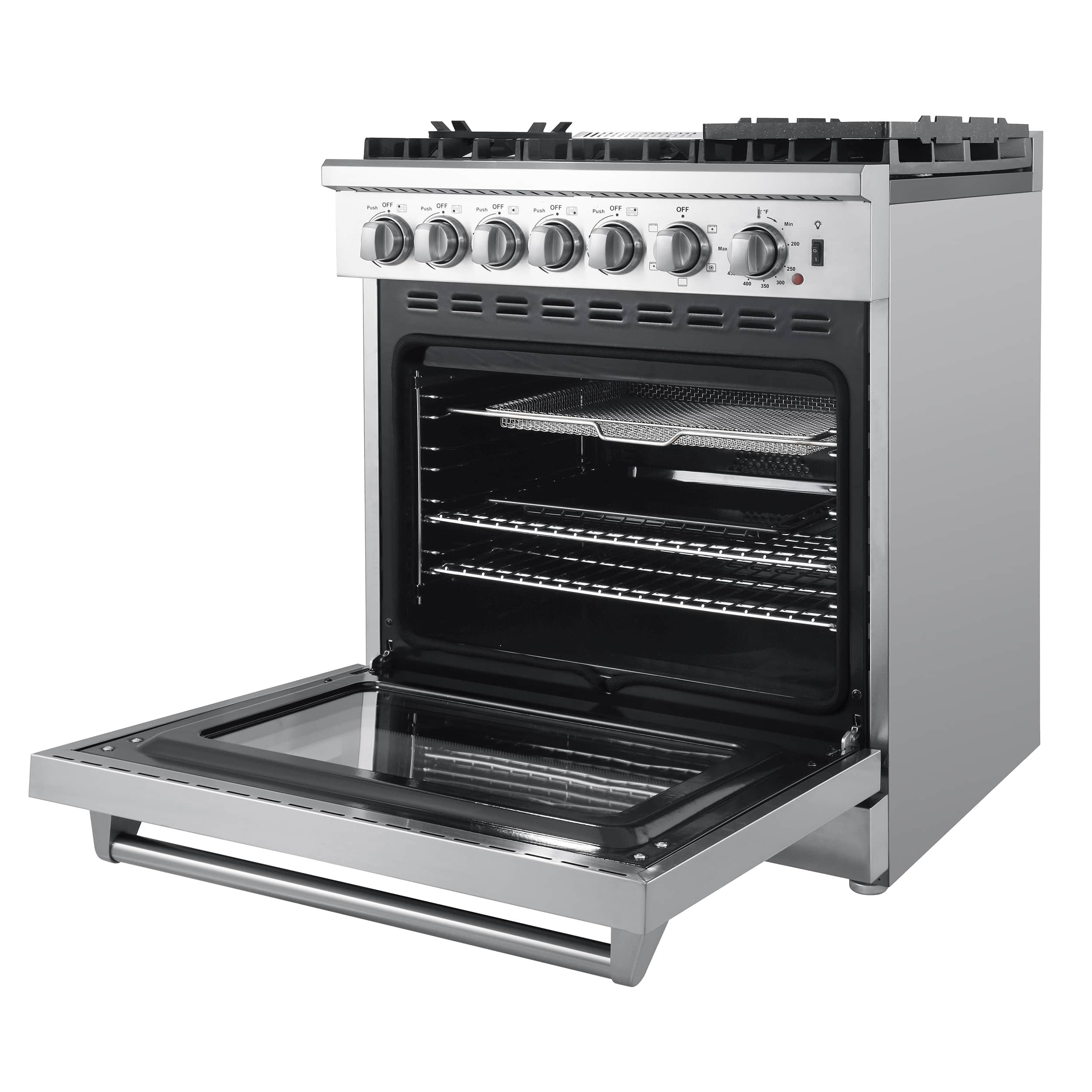 Stainless dual fuel range oven open with racks and air-fry basket