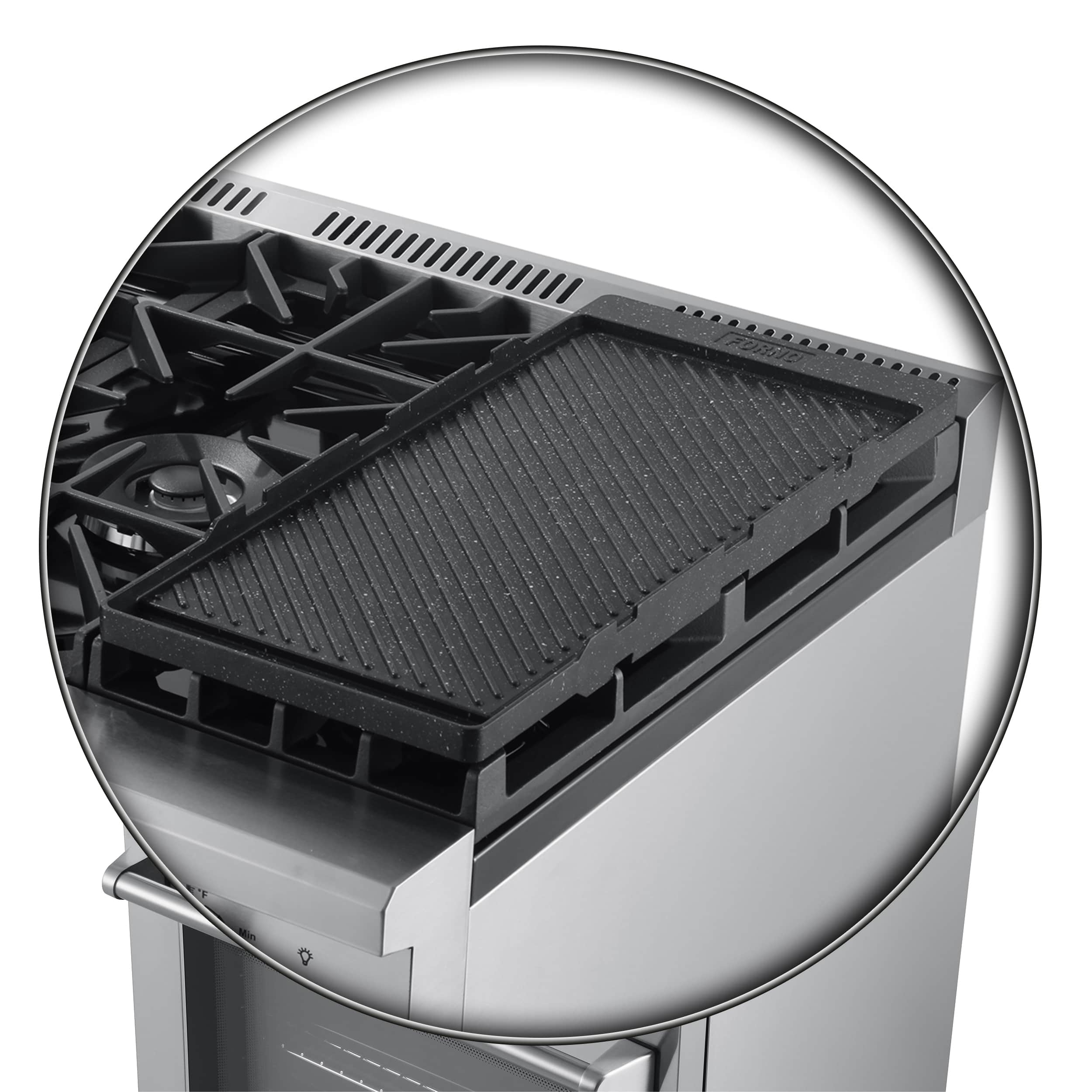 Stainless dual fuel range cooktop with griddle insert and burner grates