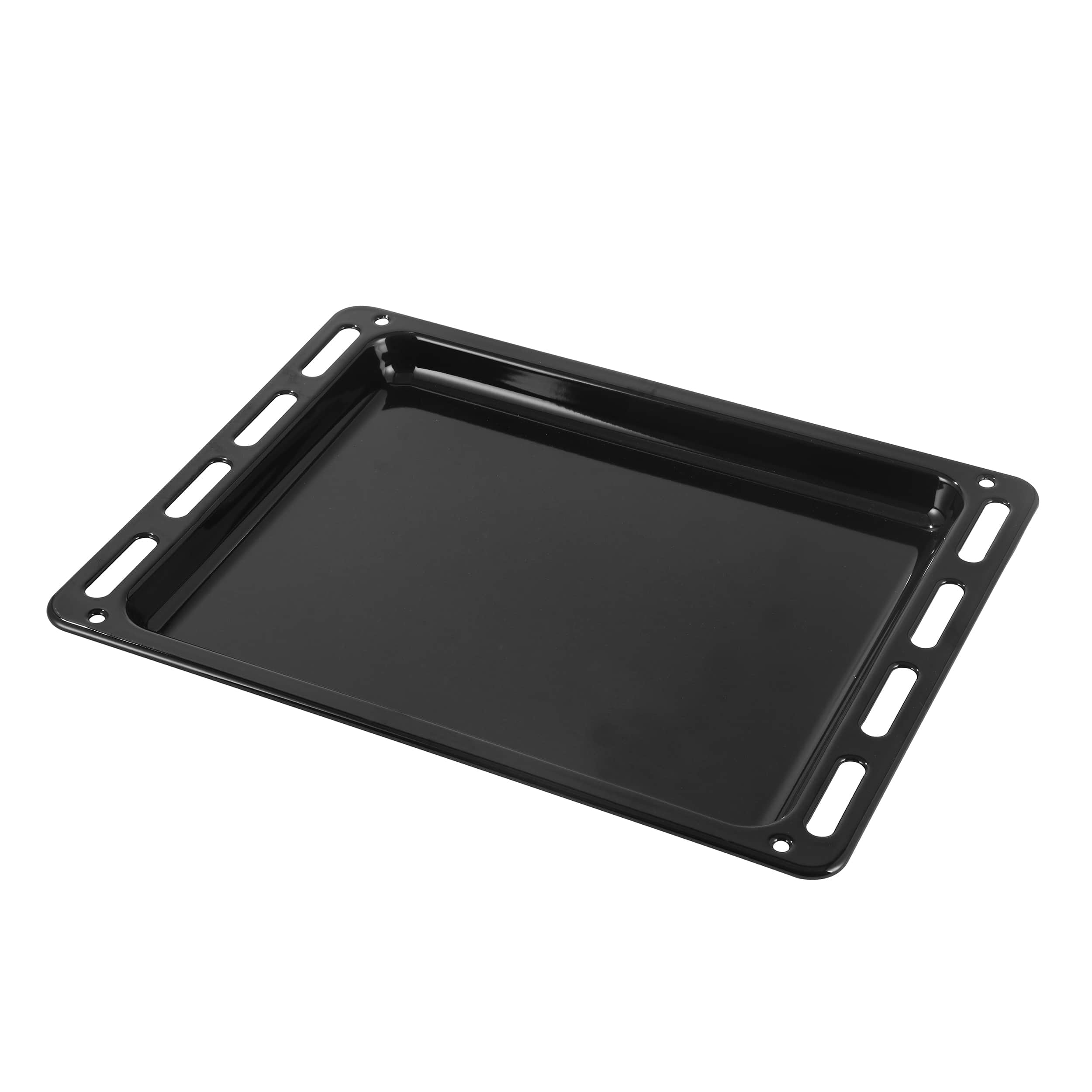 Flat black oven baking tray with raised rails and perforated rim