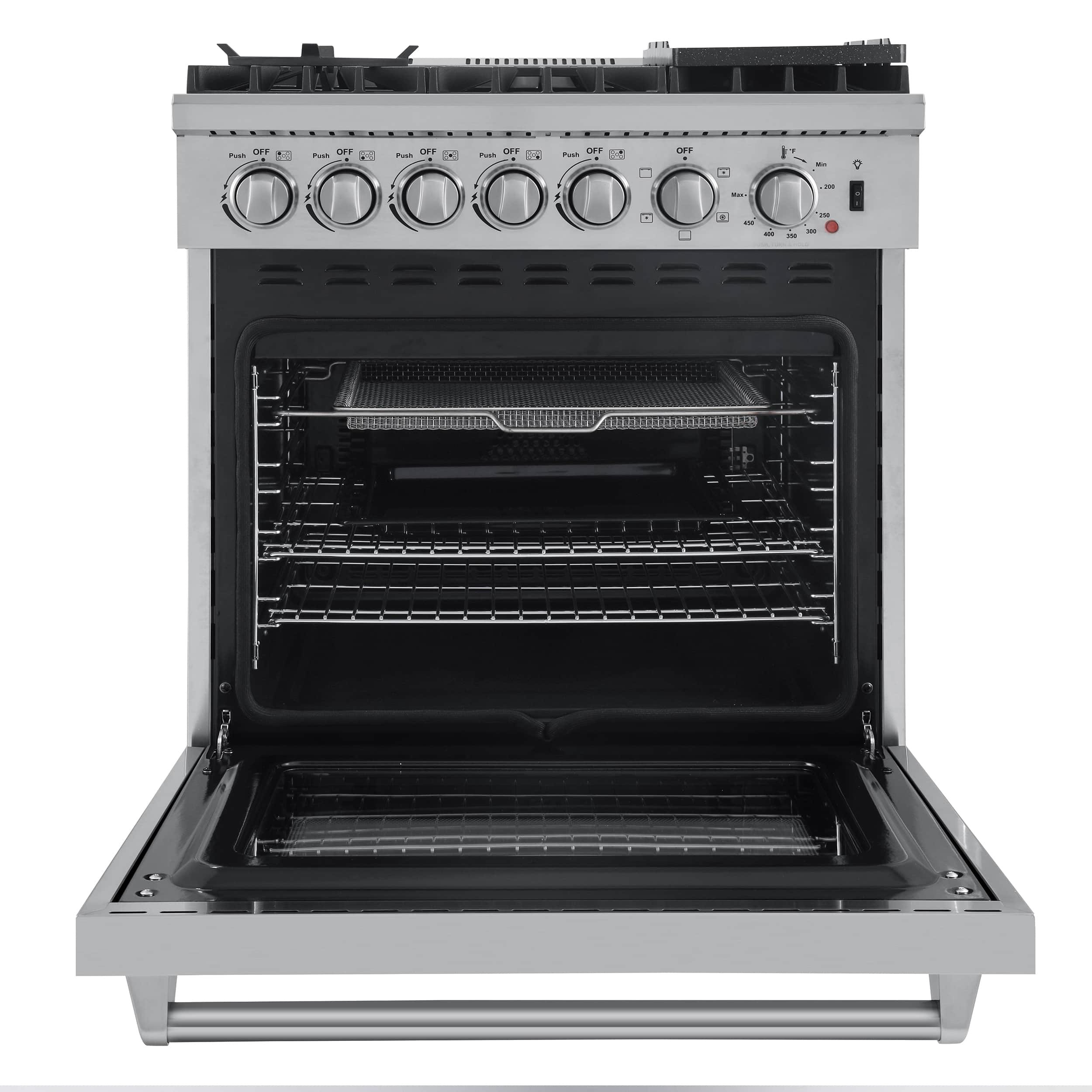 Stainless steel dual fuel range oven interior with racks and bake elements