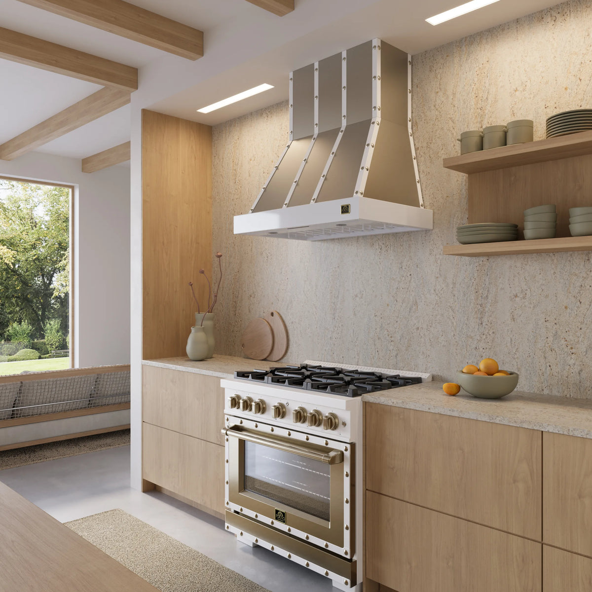 Forno Ambassador 36-Inch Dual Fuel Range in White with 6 Sealed Burners, 71,000 BTU Cooktop Output, 5.2 Cu.Ft. Convection Oven, Telescopic Racks shown in a styled kitchen