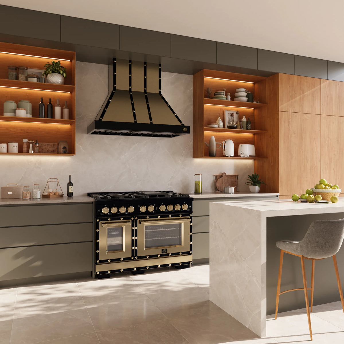 Forno Ambassador 48-Inch Dual Fuel Range in Black with 8 Sealed Burners, 94,000 BTU Cooktop Output, 6.7 Cu.Ft. Double Oven, Telescopic Racks shown in a styled kitchen
