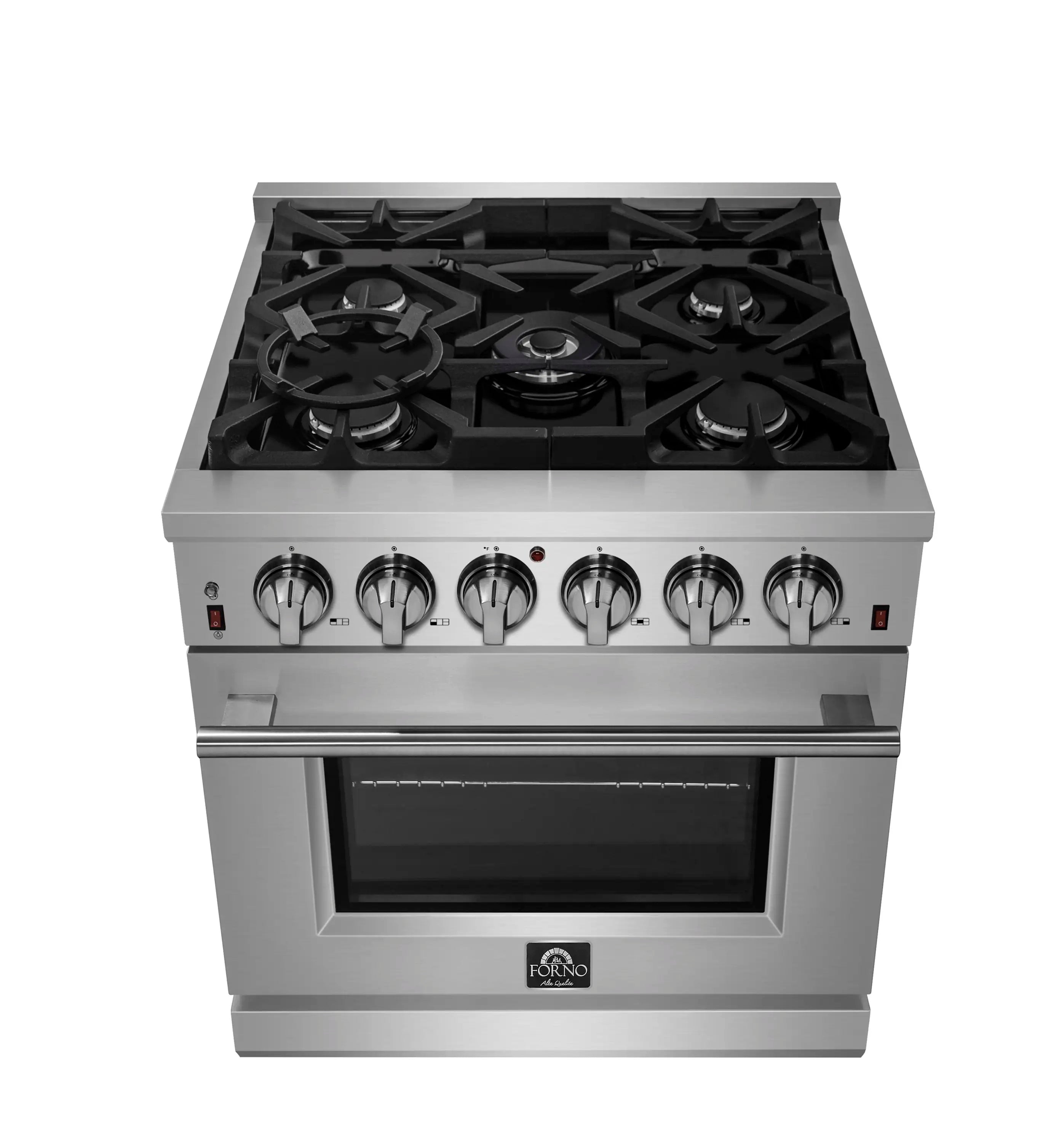 Stainless steel gas range with five burners, front control knobs, and oven door