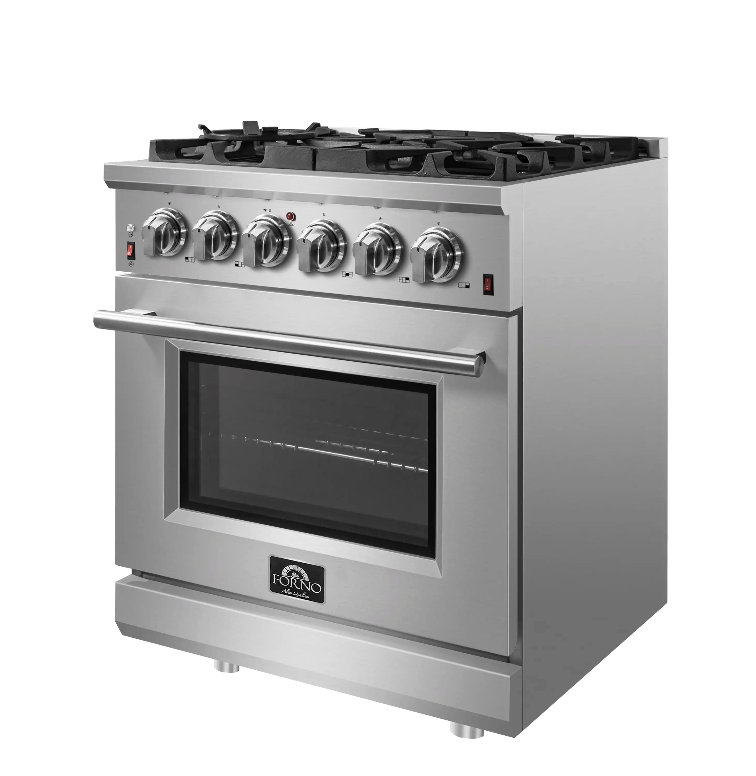 30-inch stainless steel gas range with four burners and oven window, front control knobs