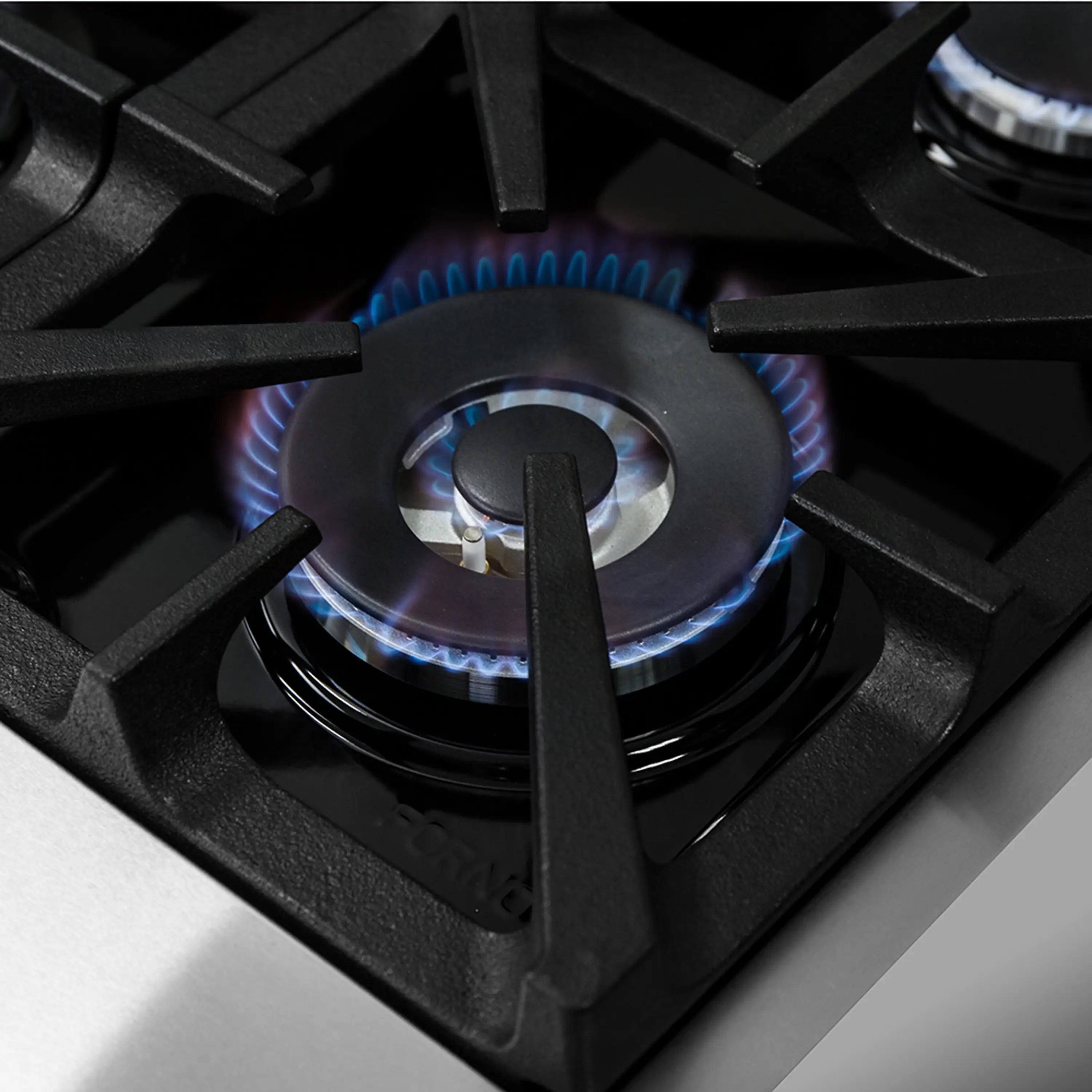 Gas burner on a black grate with blue flame visible inside the 30-inch range