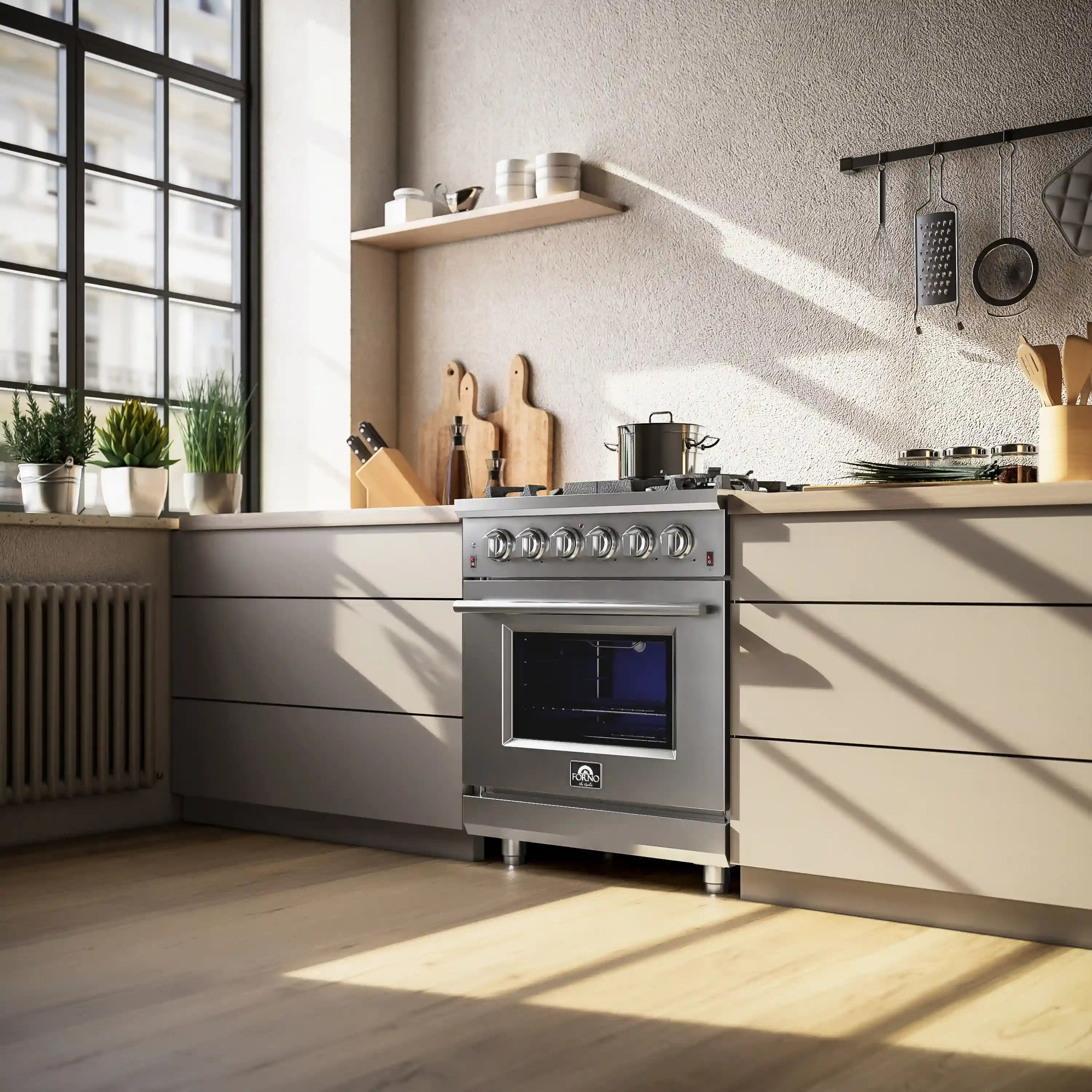 Stainless steel 30-inch gas range in a kitchen setting, showing oven door and burners