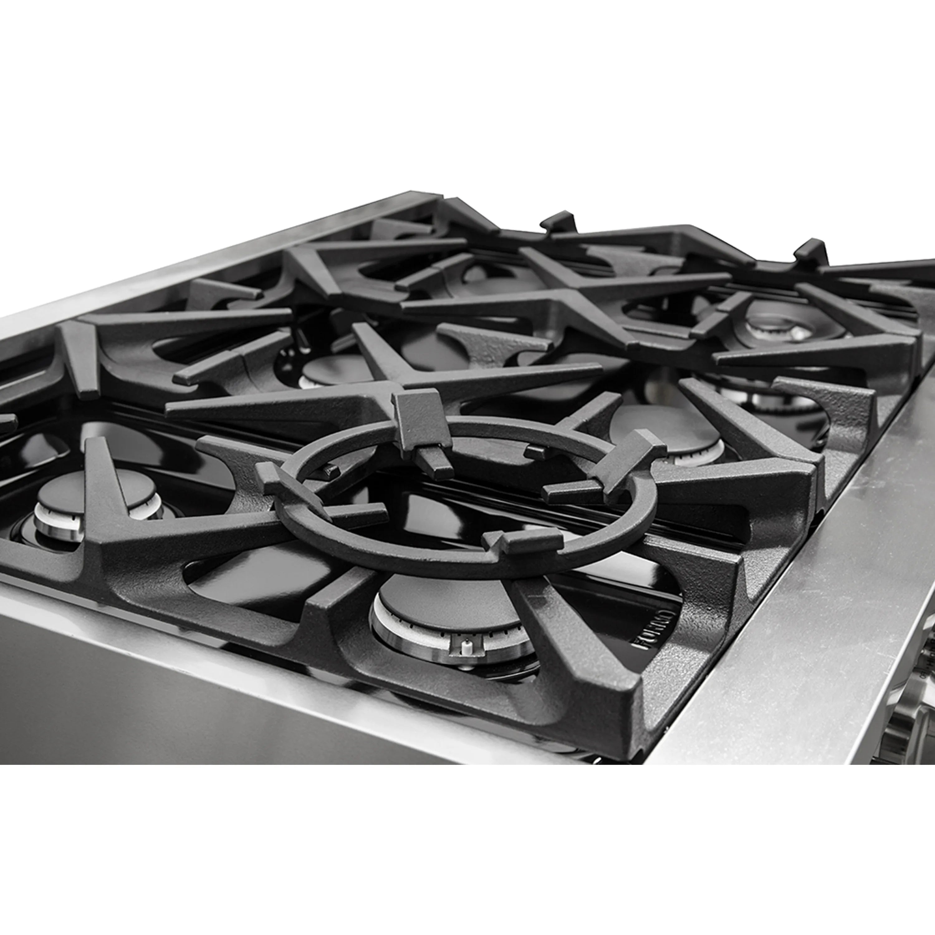 Stainless steel gas cooktop with black cast-iron burner grates