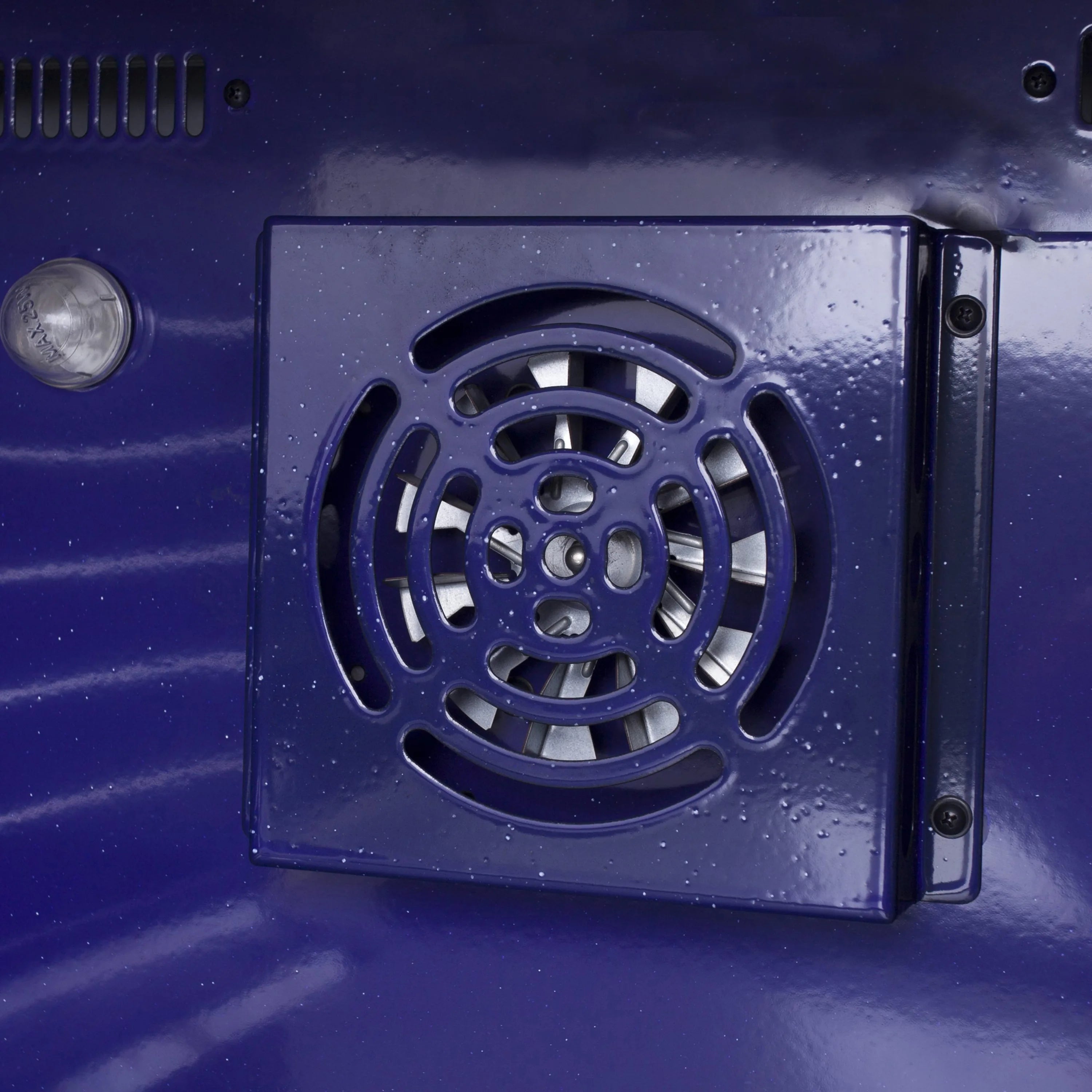 Gas oven interior with circular burner and vented rear panel