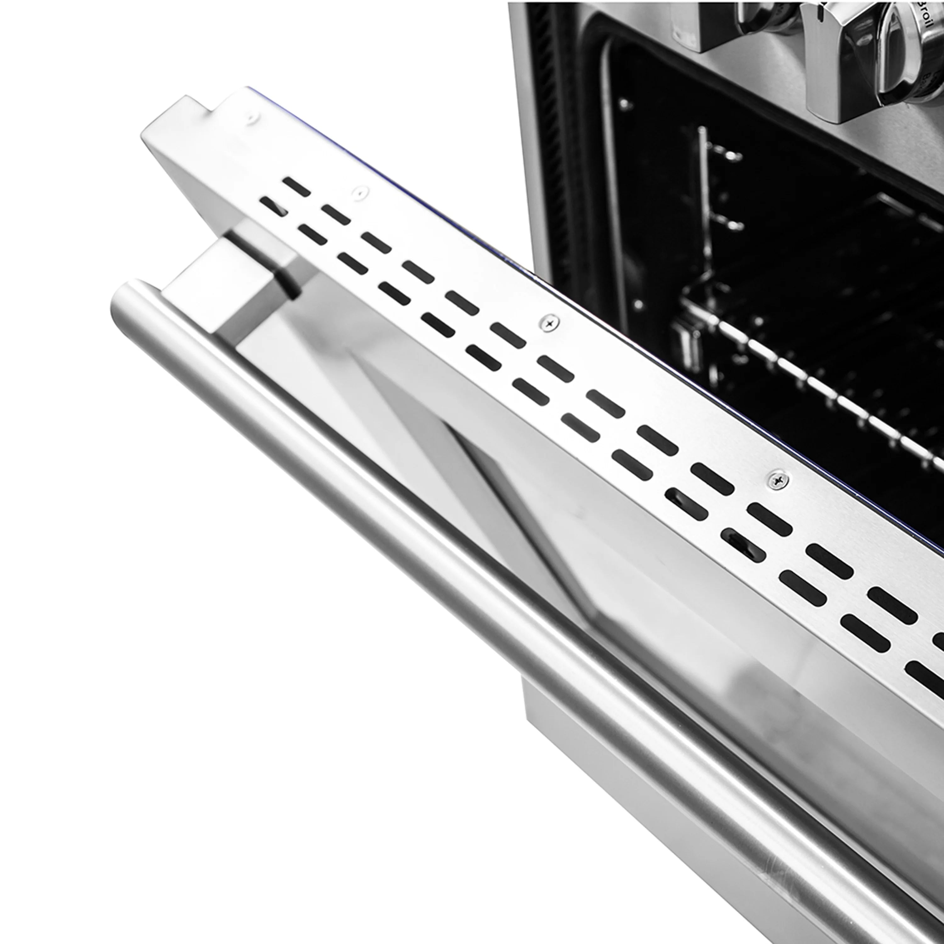 Gas oven broiler/upper heating element shield and perforated vent panel