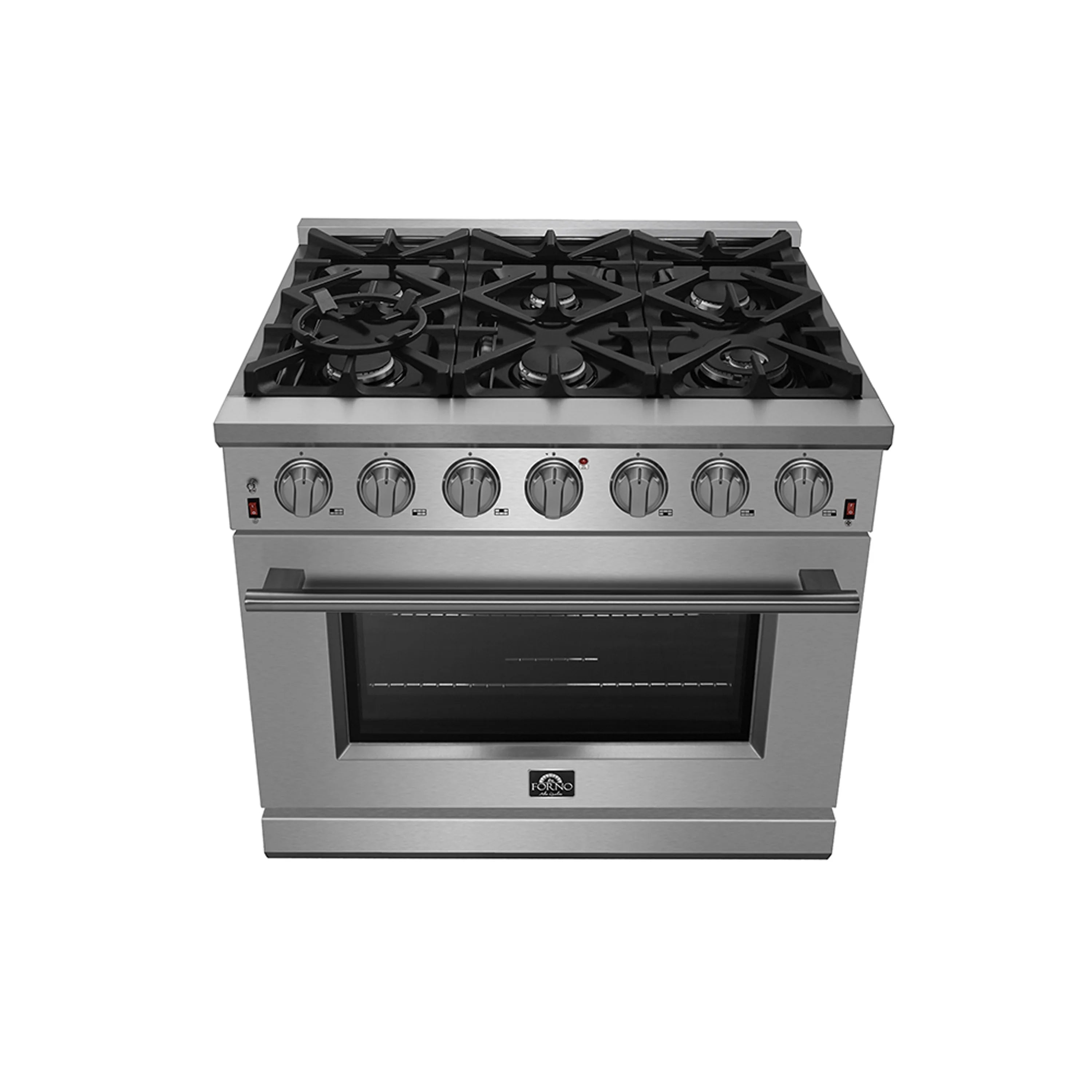 Stainless steel gas range with black burner grates and closed oven door