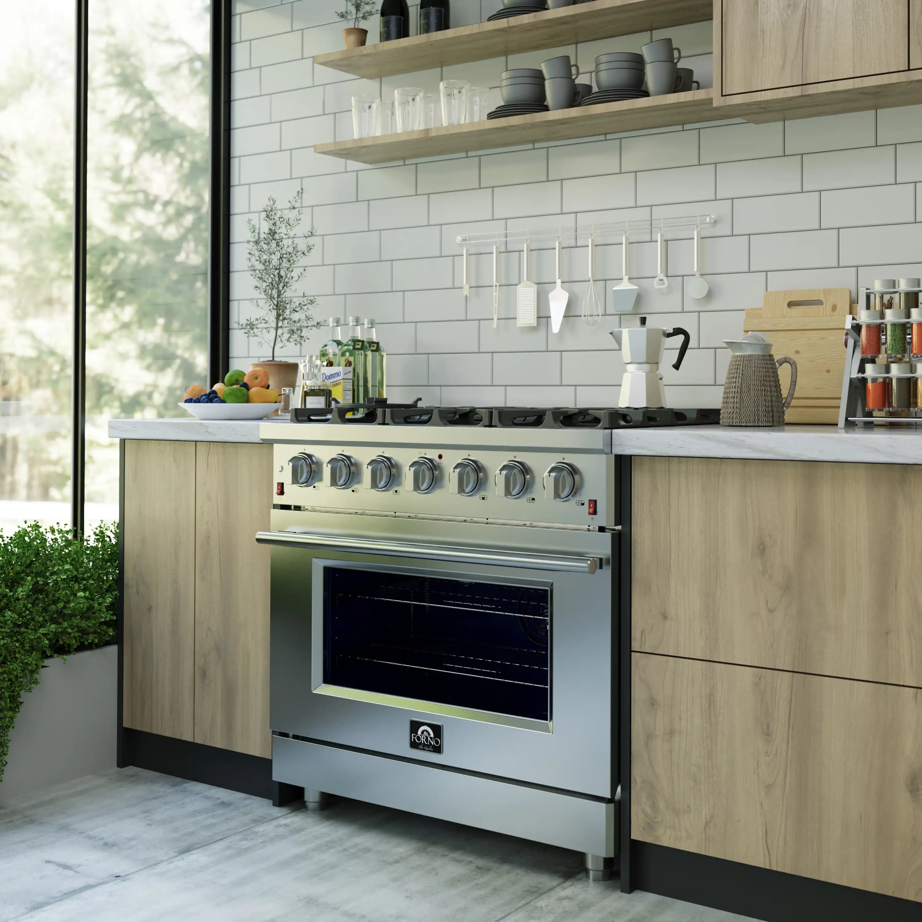Stainless gas range in modern kitchen with closed oven and cooktop burners