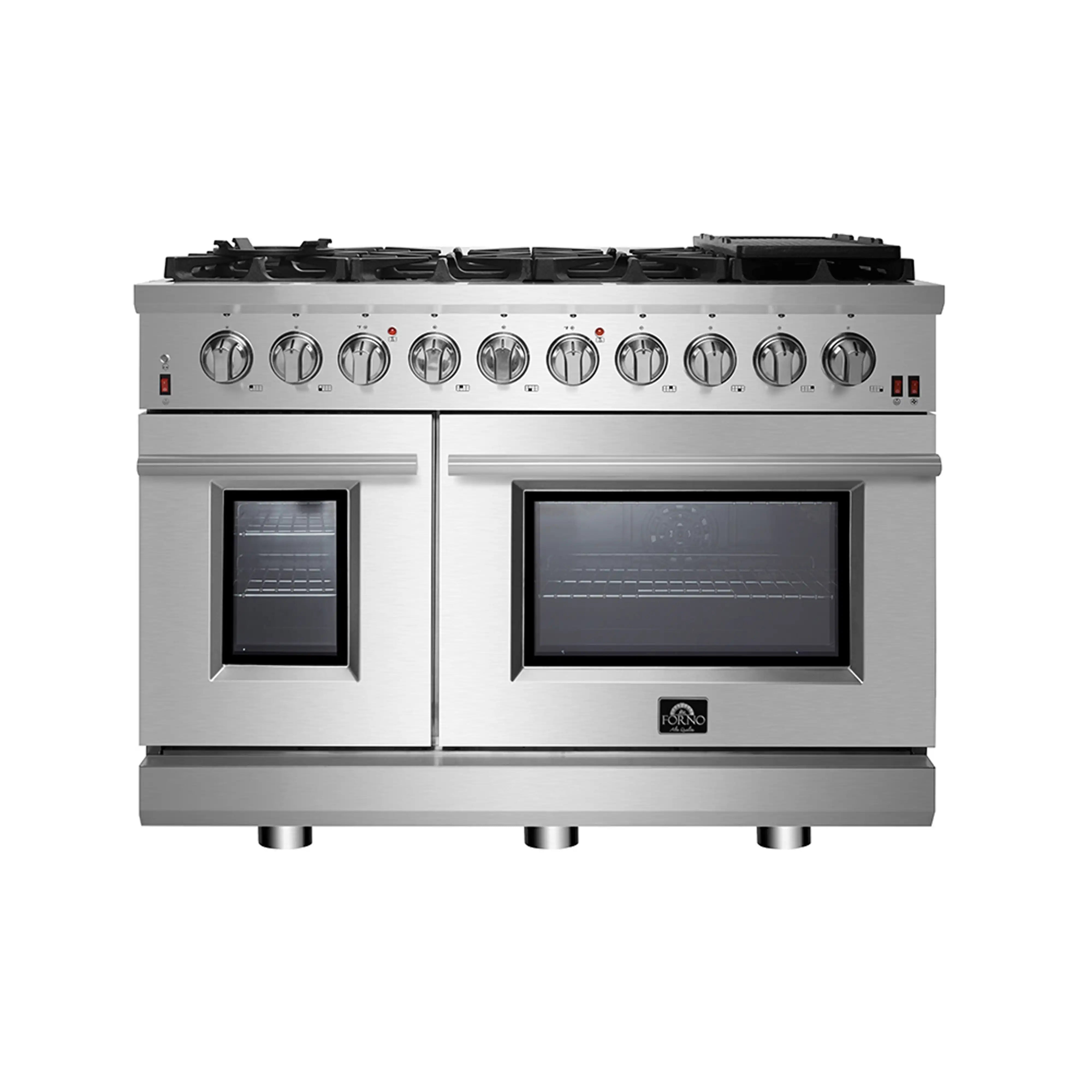 Stainless steel gas range front with two oven doors, windows, and knob controls