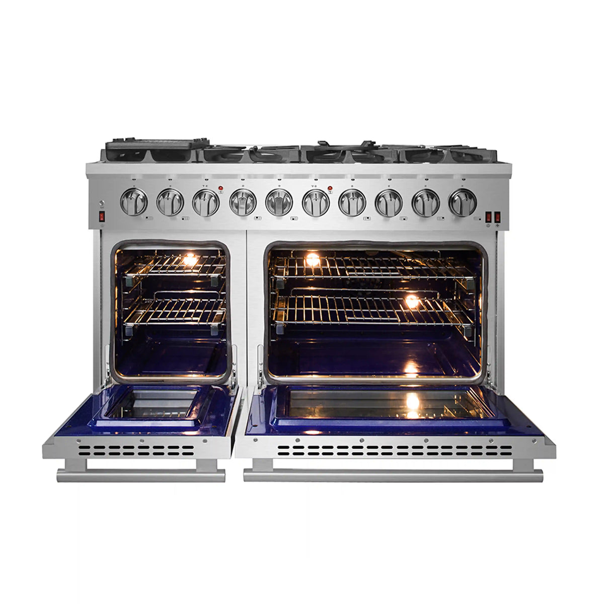Stainless steel double oven with open doors and illuminated racks inside
