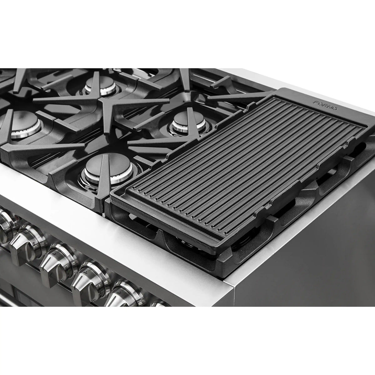Stainless steel gas range cooktop with griddle and cast-iron burners