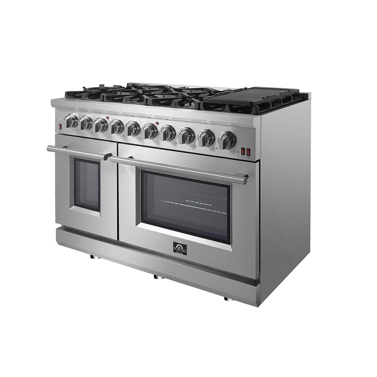 Stainless steel gas range front with dual ovens, door windows, and control knobs