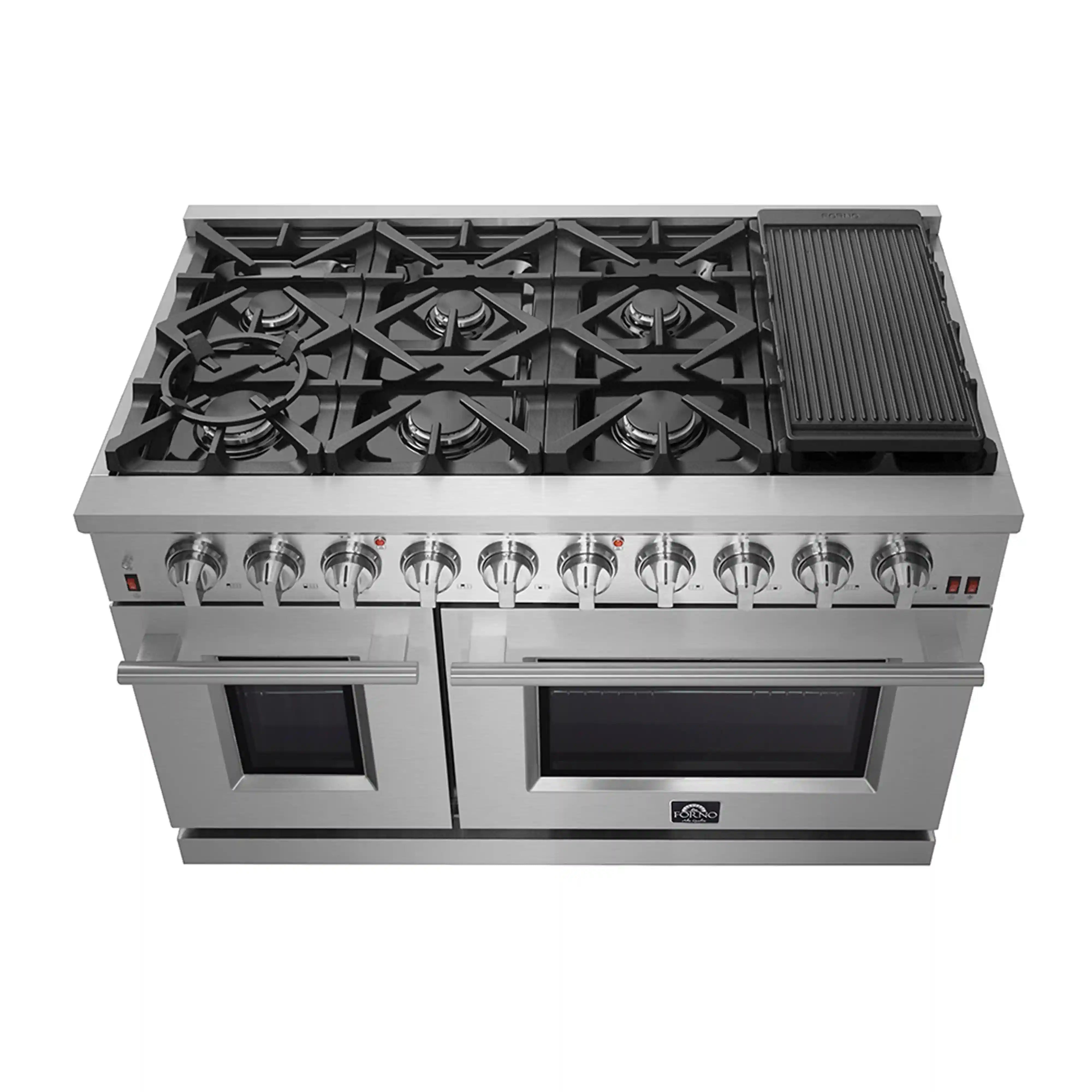 Stainless steel gas range cooktop with four burners and ridged griddle