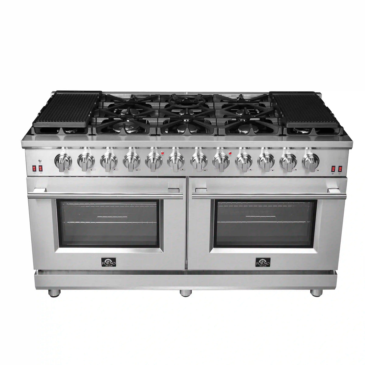 Stainless steel 60-inch dual-oven gas range with cast-iron style burner grates