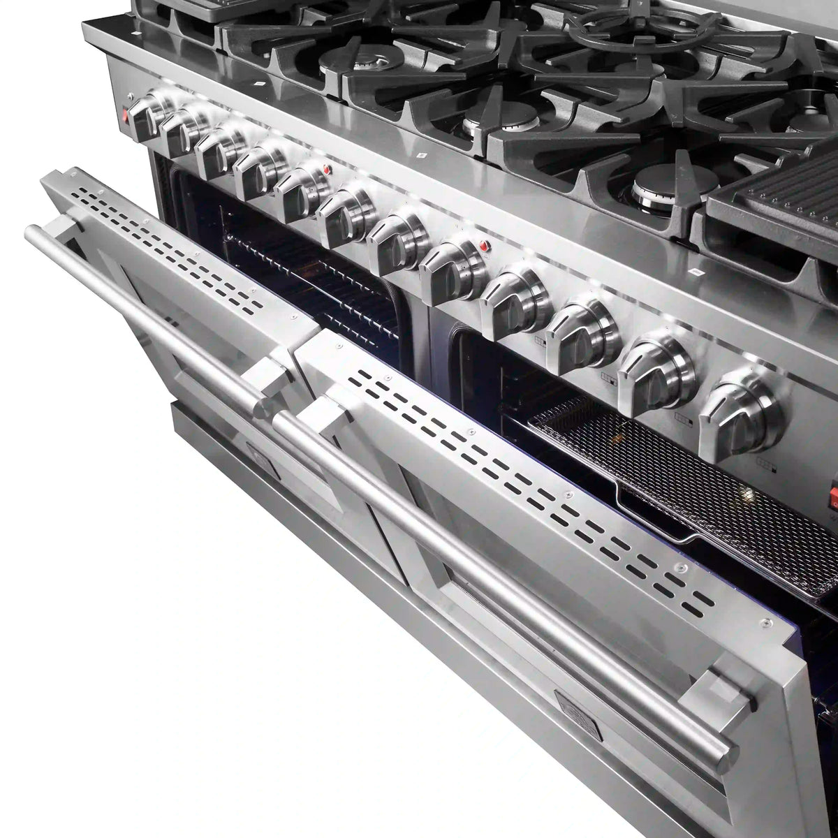 Side view of stainless steel gas range showing front control knobs and oven door vents