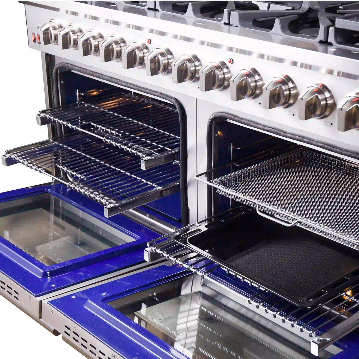 Stainless steel 60-inch gas range with wire racks and two open oven compartments