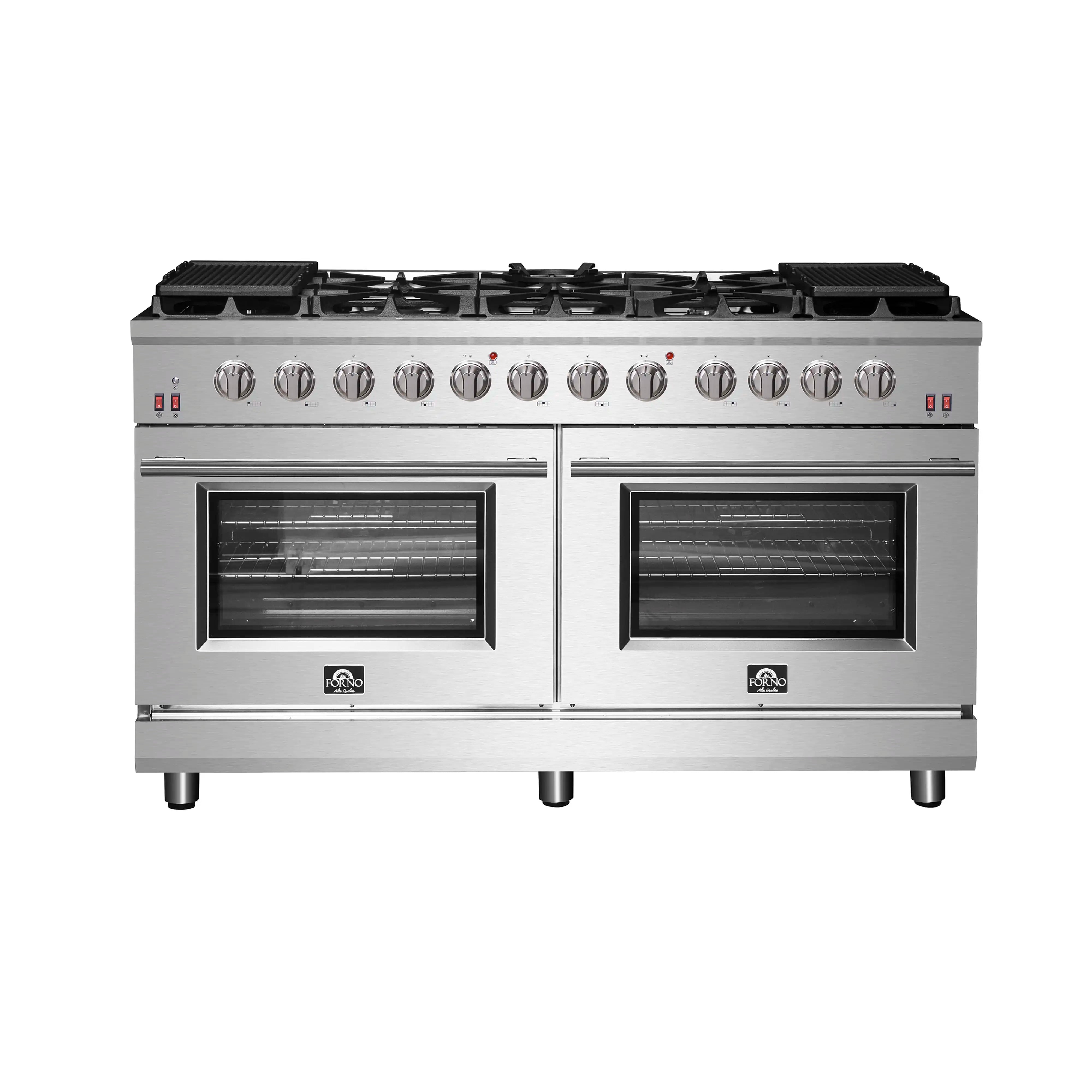 Stainless steel 60-inch dual-oven gas range with six-burner cooktop and control knobs