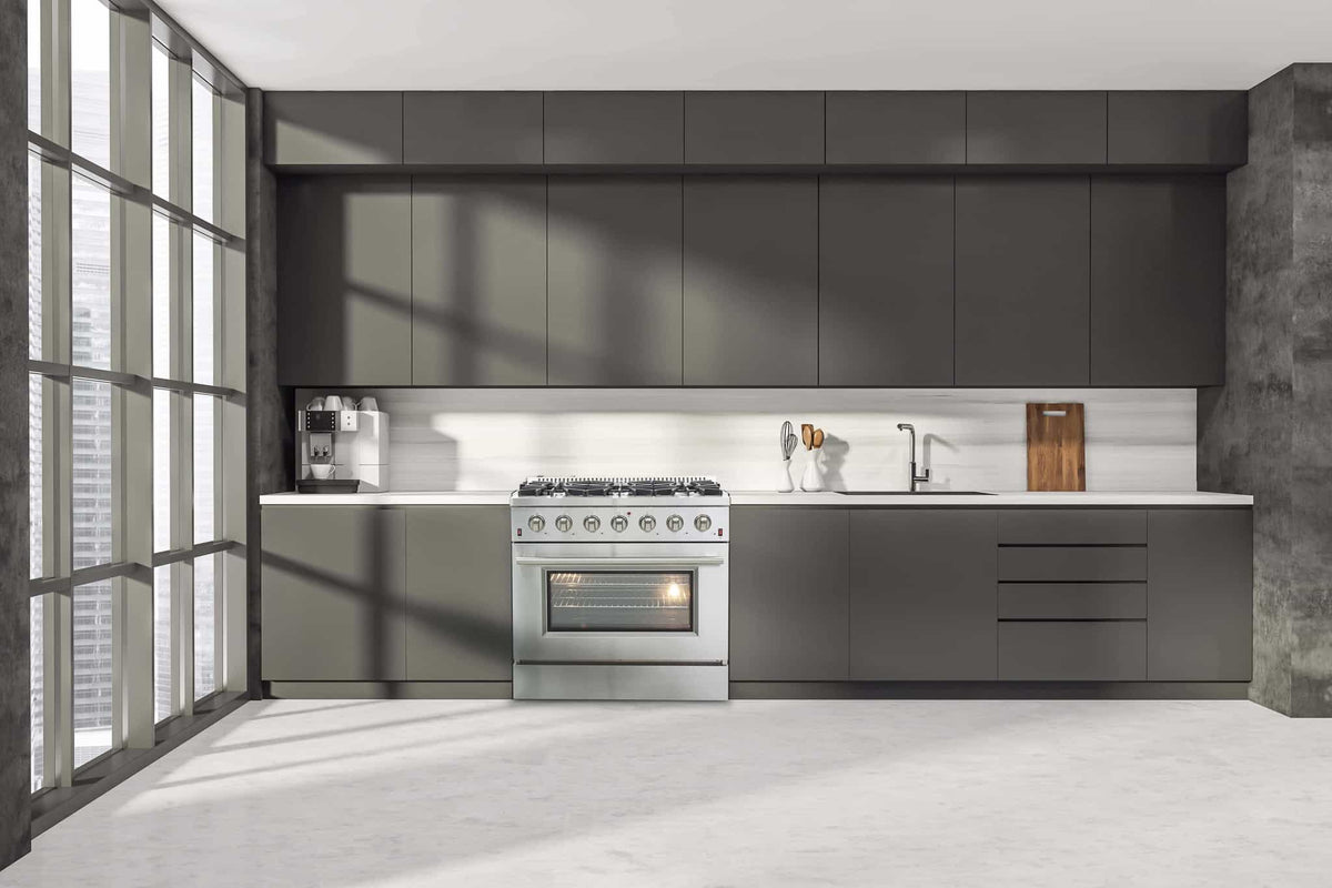 Built-in stainless steel gas range with oven window door in contemporary kitchen
