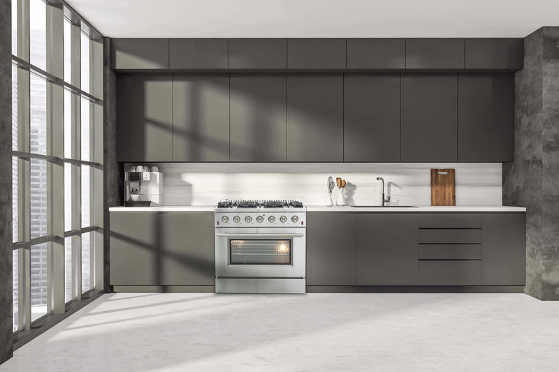 Forno 5-Piece Appliance Package - 36-Inch Gas Range, 60-Inch Refrigerator, Wall Mount Hood with Backsplash, 24-Inch Microwave Oven, & 3-Rack Dishwasher in Stainless Steel