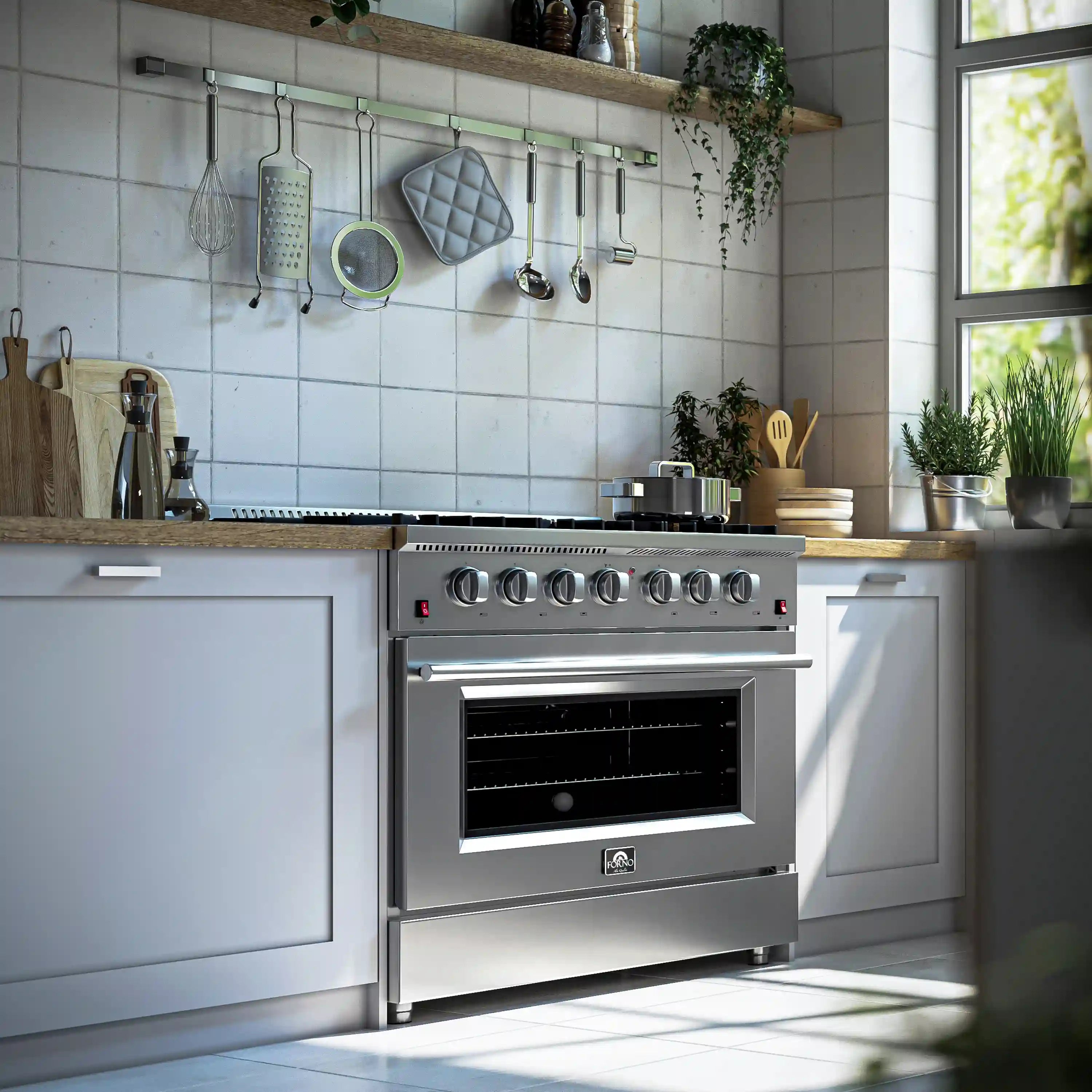 Stainless steel 6-burner gas range with oven door and control panel