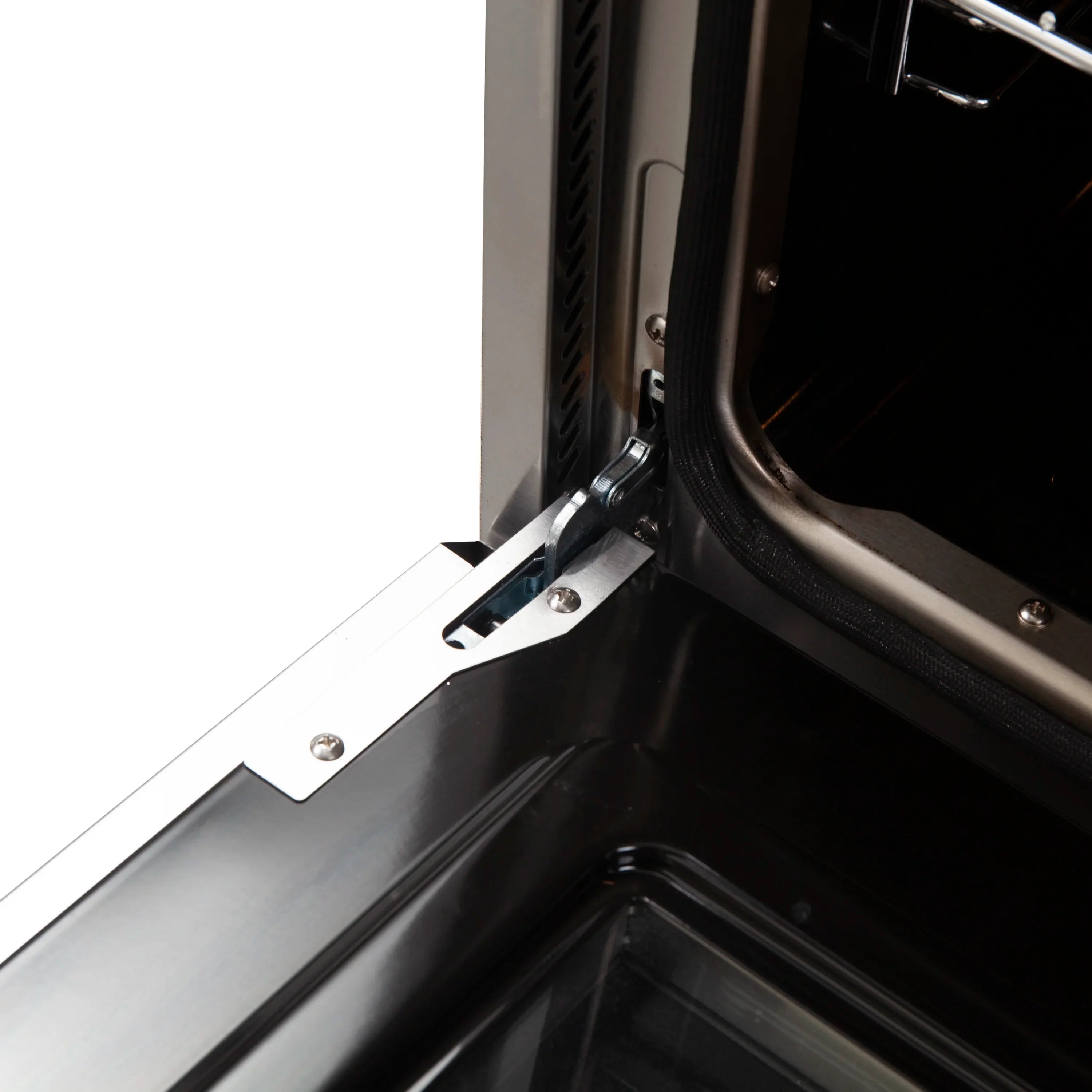 Stainless oven door latch and hinge hardware inside the opening