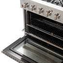 Forno 5-Piece Appliance Package - 36-Inch Gas Range- Wall Mount Range Hood- 36-Inch Refrigerator- Dishwasher- and 24-Inch Microwave Drawer in Stainless Steel
