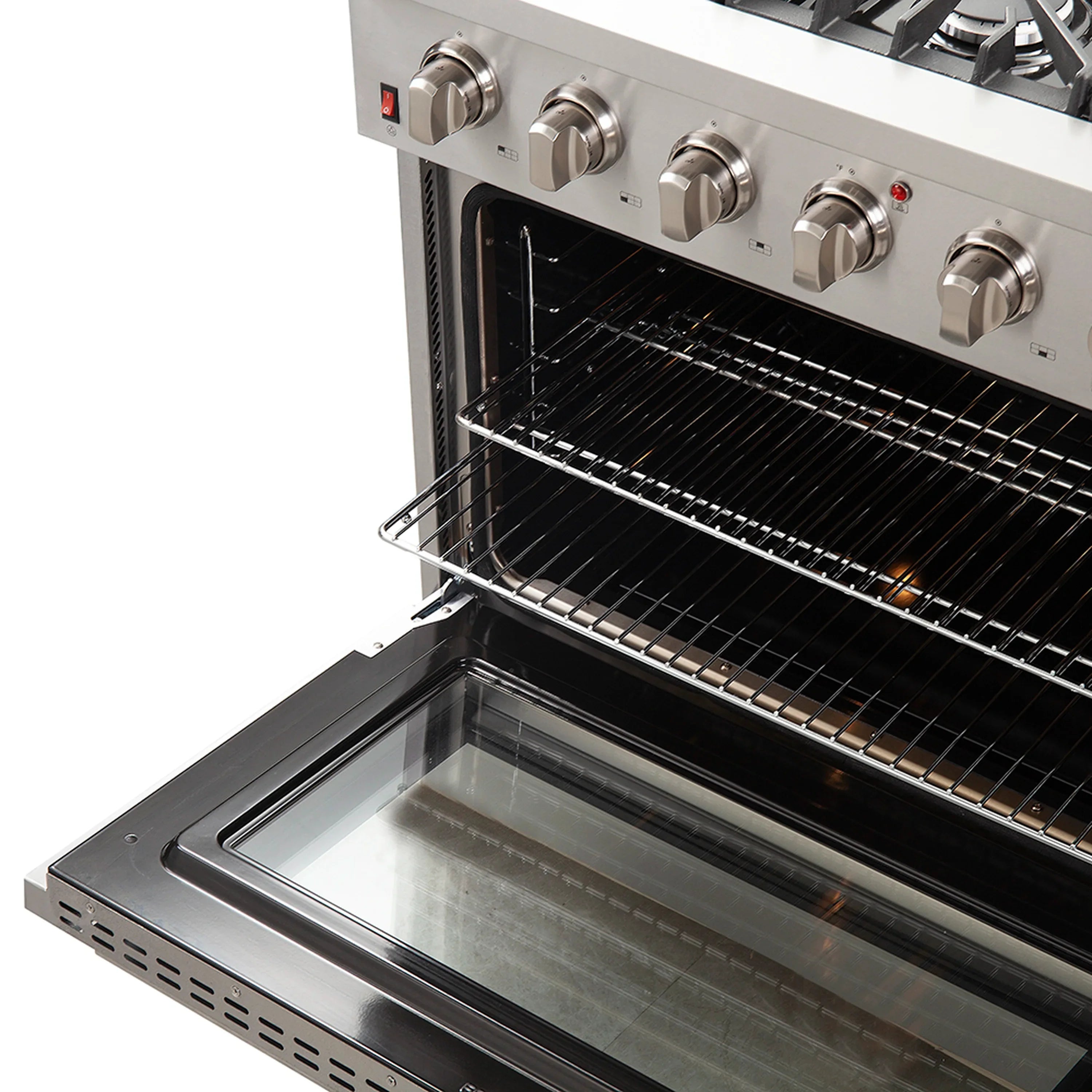 Stainless gas range close-up: open oven door, wire rack, and control knobs
