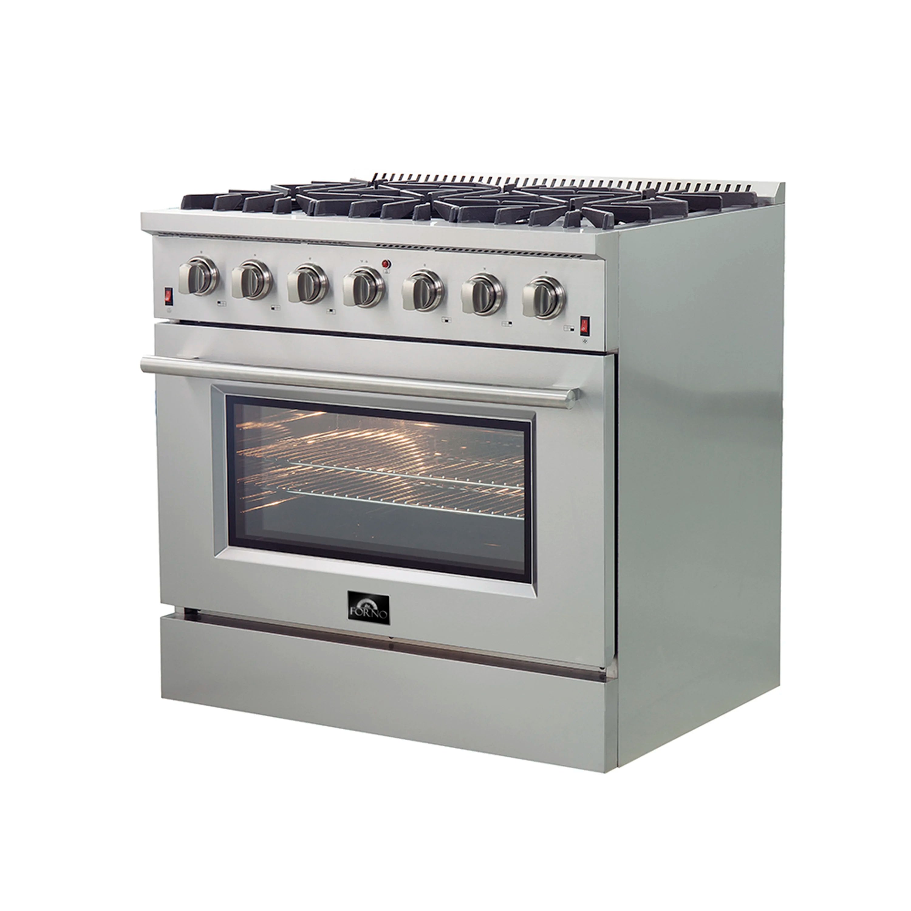 Stainless steel 36-inch gas range with 6 burners and oven door, interior lit