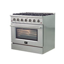 Forno 4-Piece Appliance Package - 36-Inch Gas Range, Refrigerator, 24-Inch Microwave Drawer, & 3-Rack Dishwasher in Stainless Steel