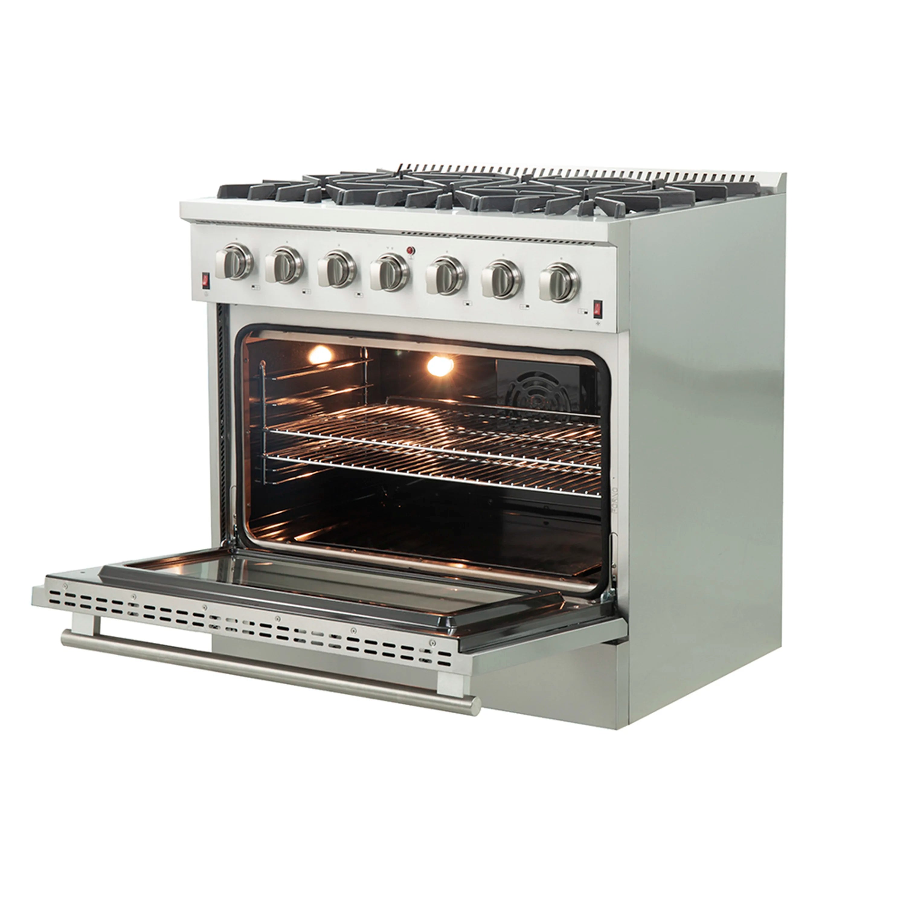 Stainless steel 36-inch gas range with lit oven interior and open convection door