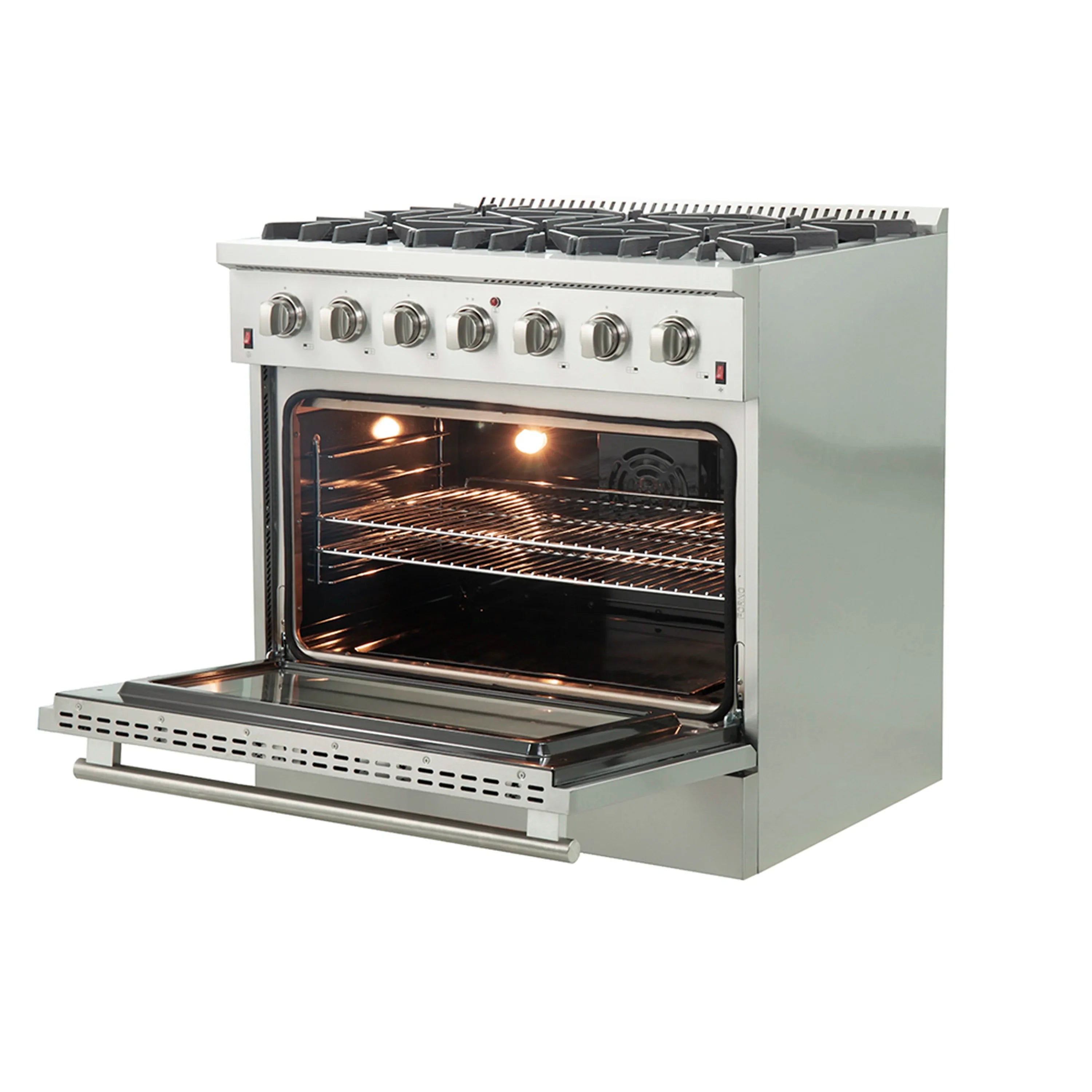 Stainless gas range with open oven door and lit interior