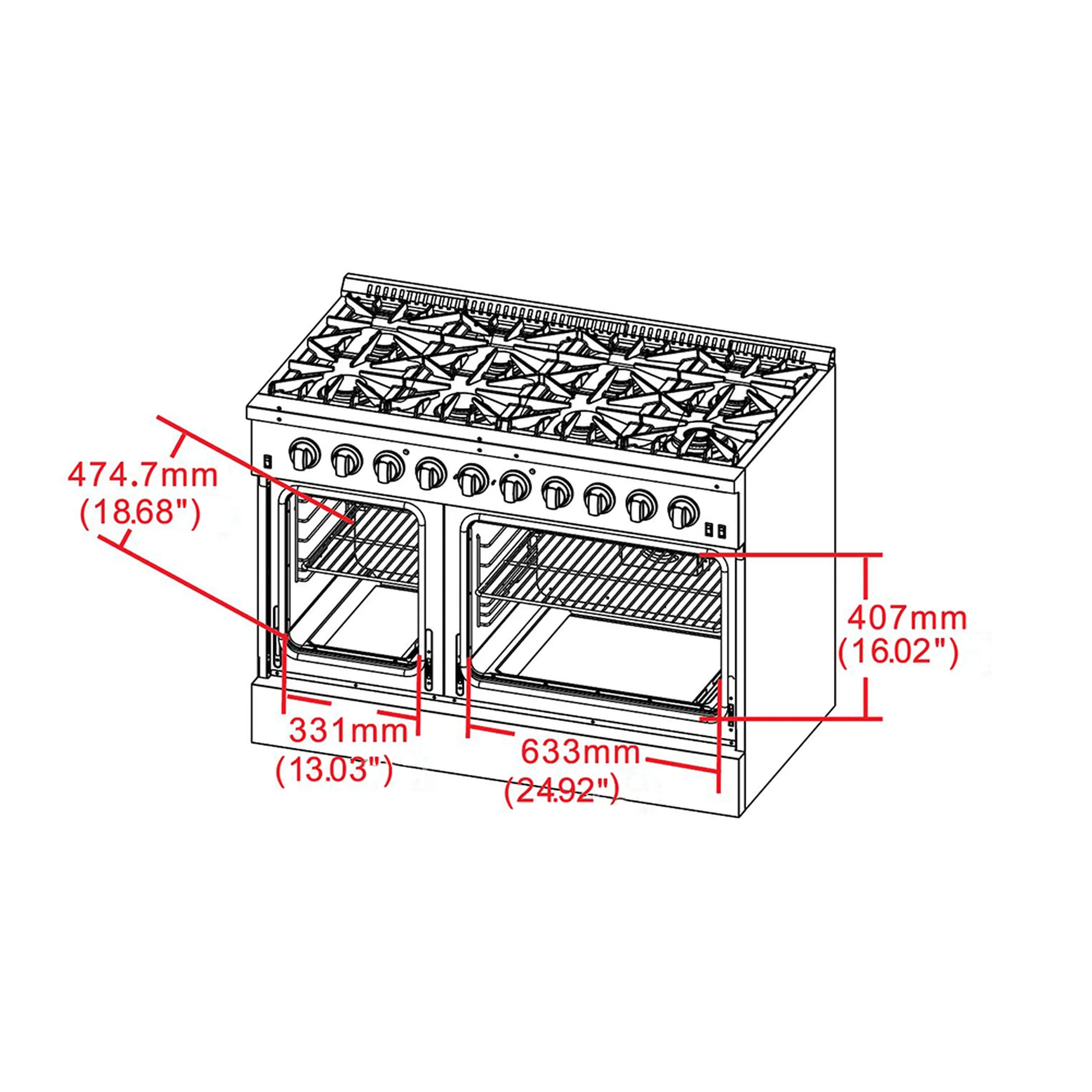 Pro-style gas range dimension diagram with measurements in mm and inches