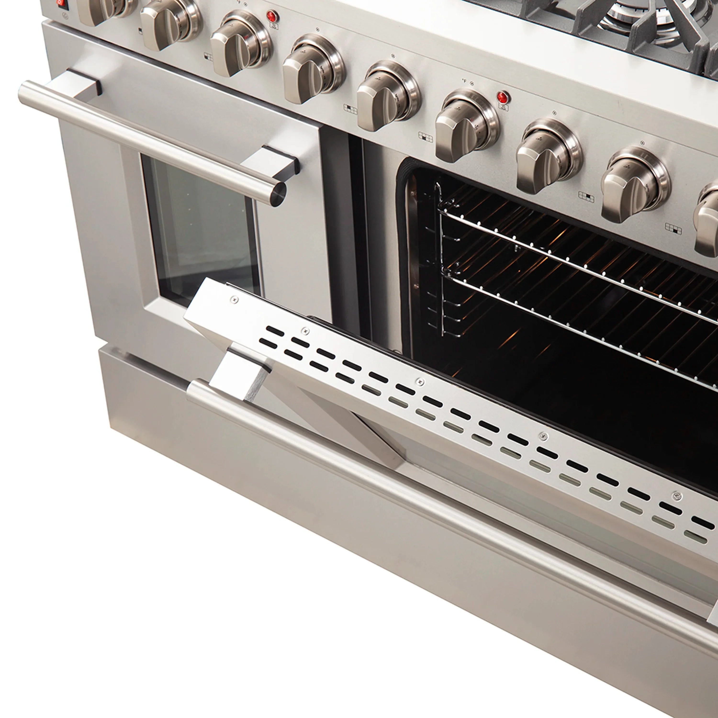 Pro-style gas range door with stainless handle and front vented panel