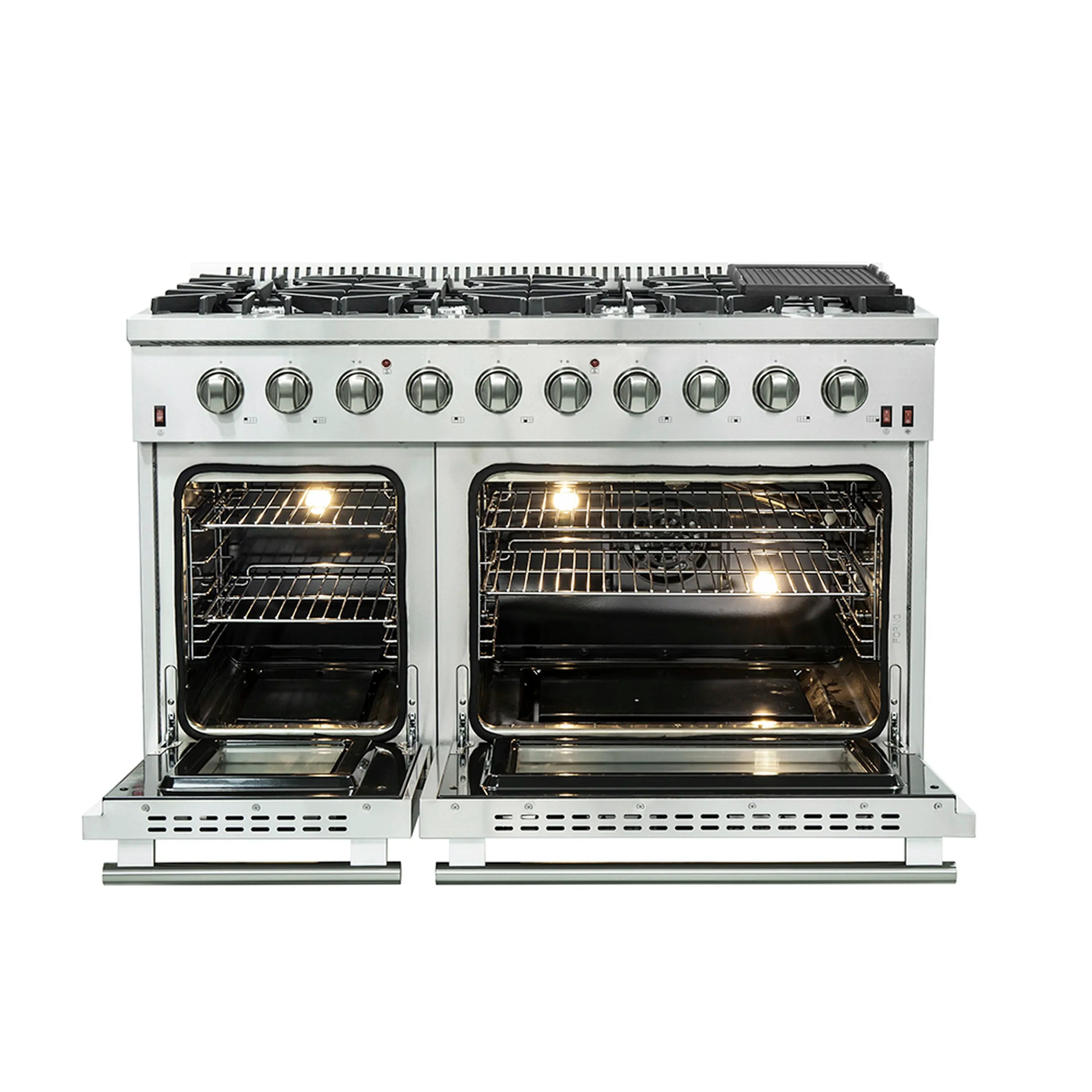Stainless steel gas range front view with burners and two lit oven compartments