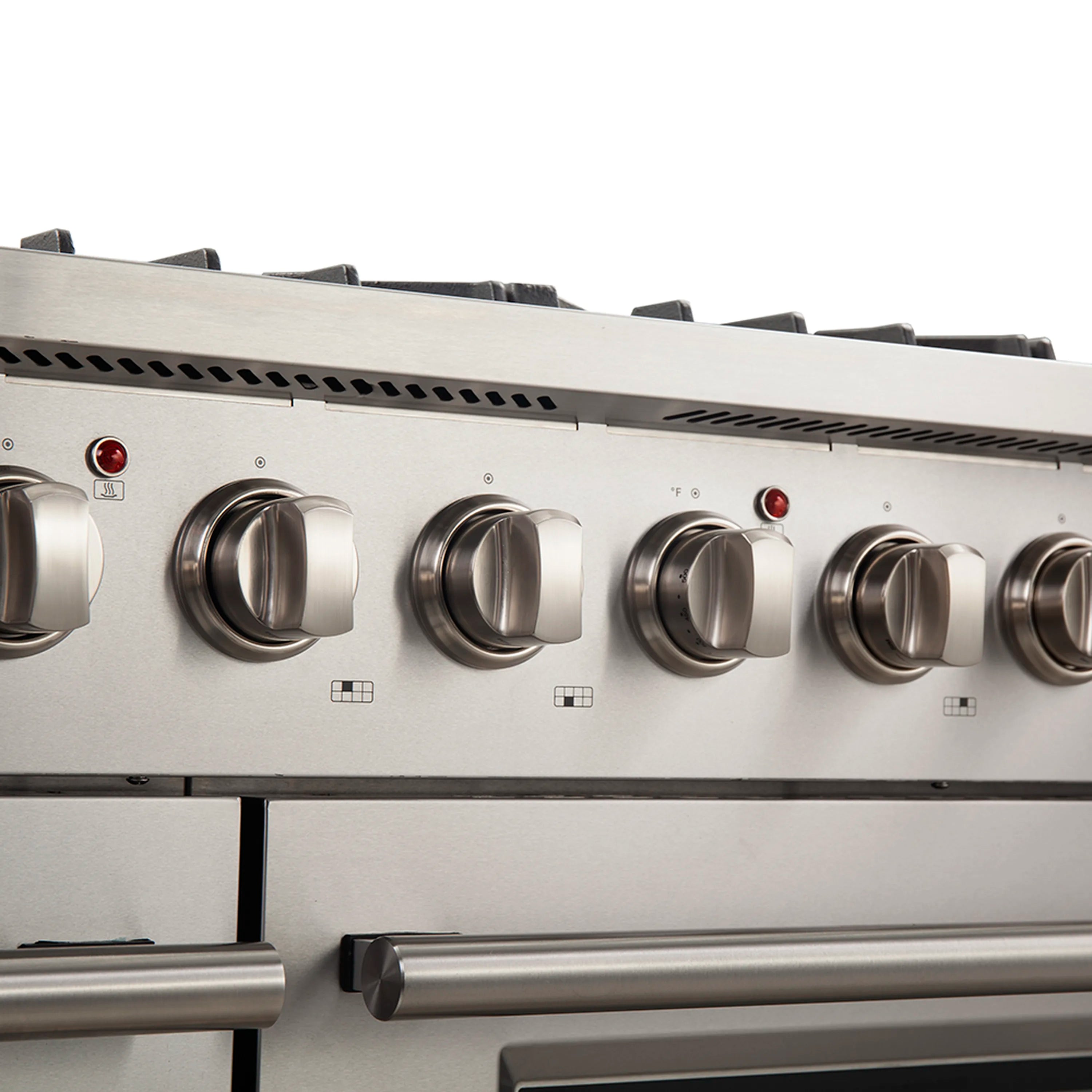 Stainless steel gas range control panel with row of round burner knobs